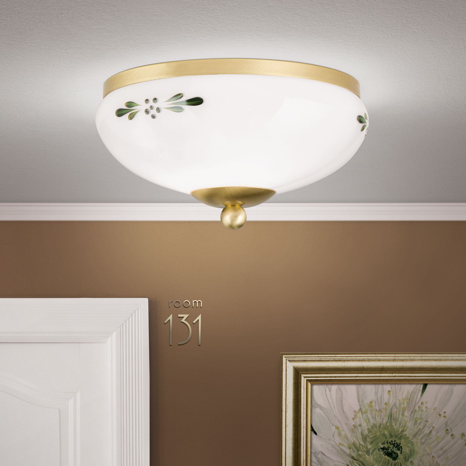 Deckenleuchte LANDHAUS, Messing, mit grünem Dekor, mit Knopf, Ø 21cm