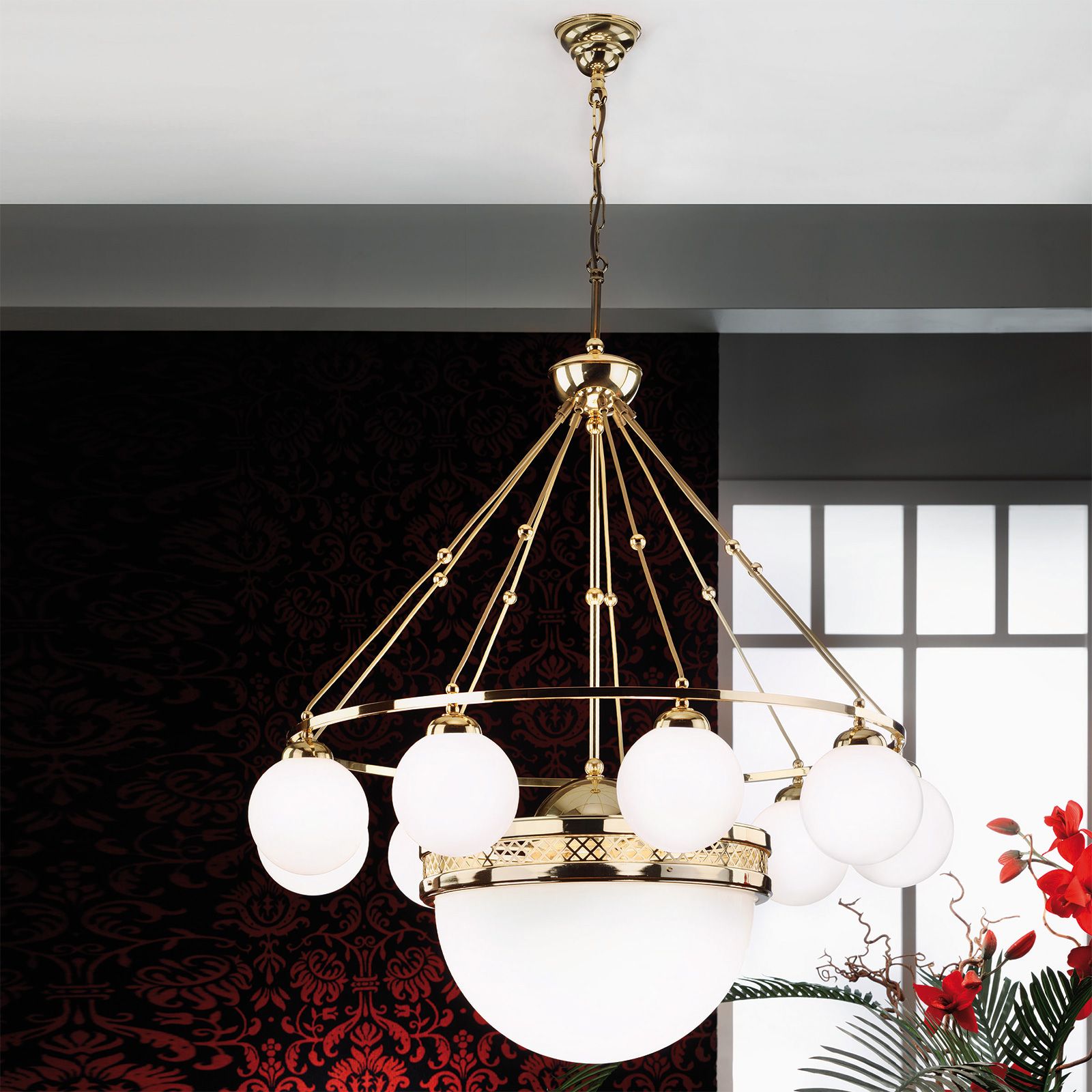 Pendelleuchte ALT WIEN, 9+1-flammig, Messing glänzend, mit opal glänzenden Gläsern