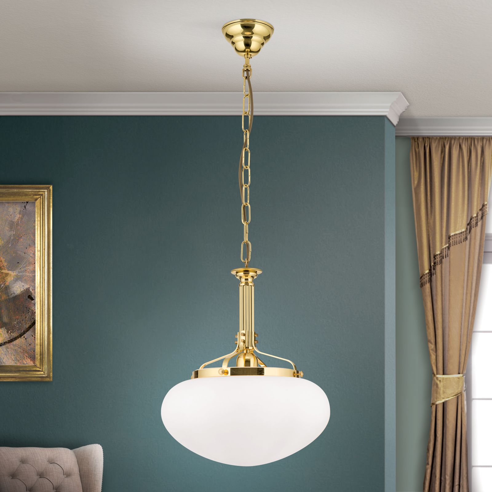 Hängeleuchte WIENER NOSTALGIE, Messing-glänzend, mit opal mattem Glas, 33cm