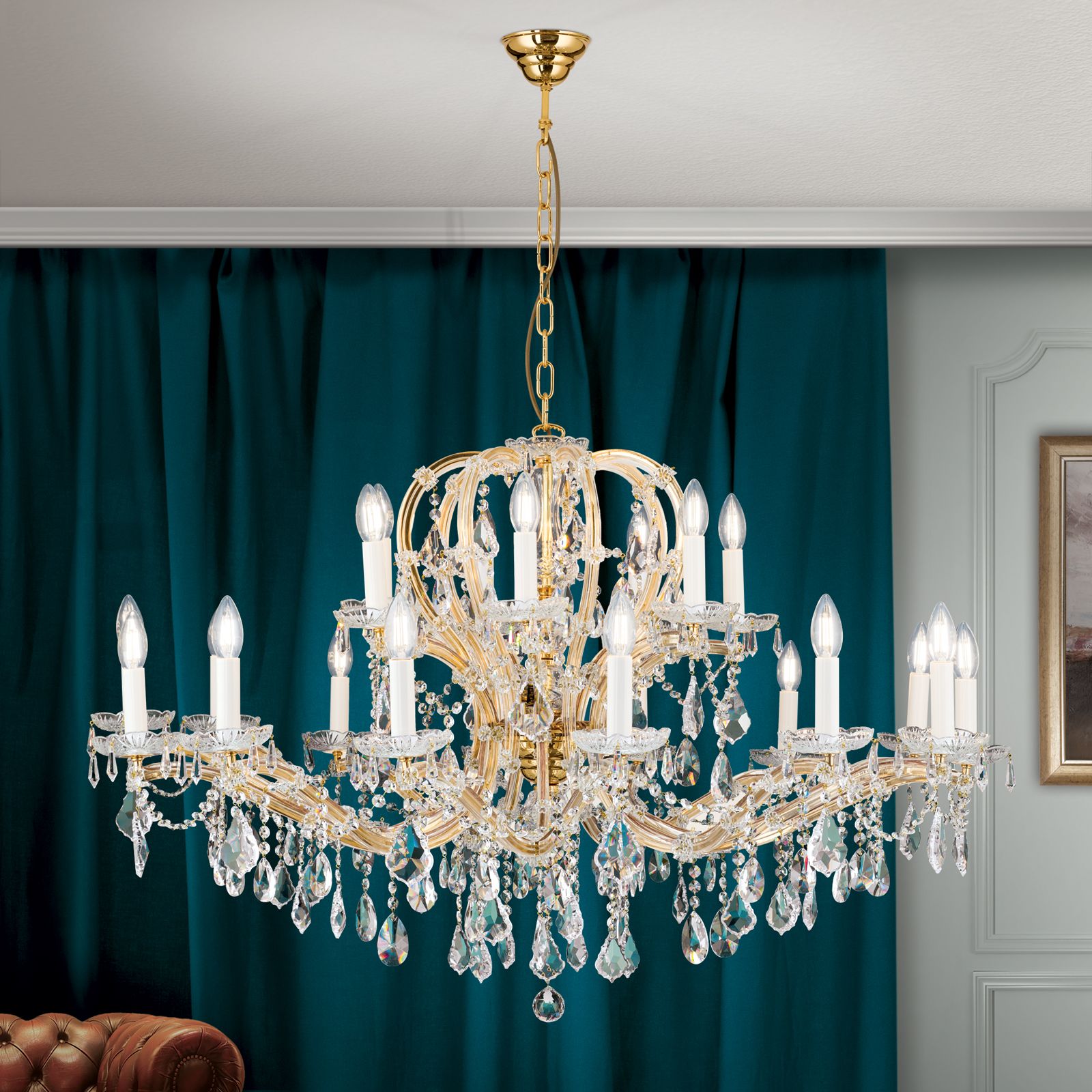MARIA THERESIA chandelier, 21-flames, gold, with crown