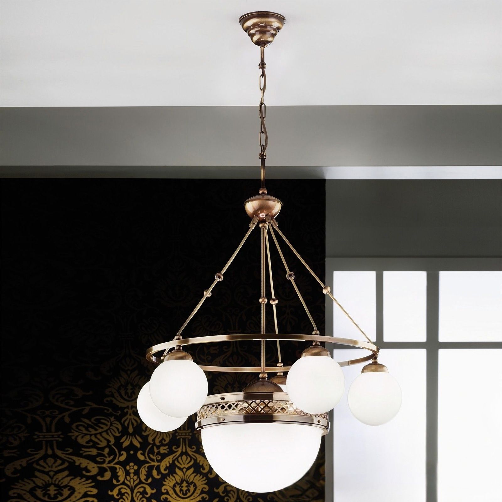 ALT WIEN Chandelier, 5+1 shiny opal glasses, Surface Antique Brass