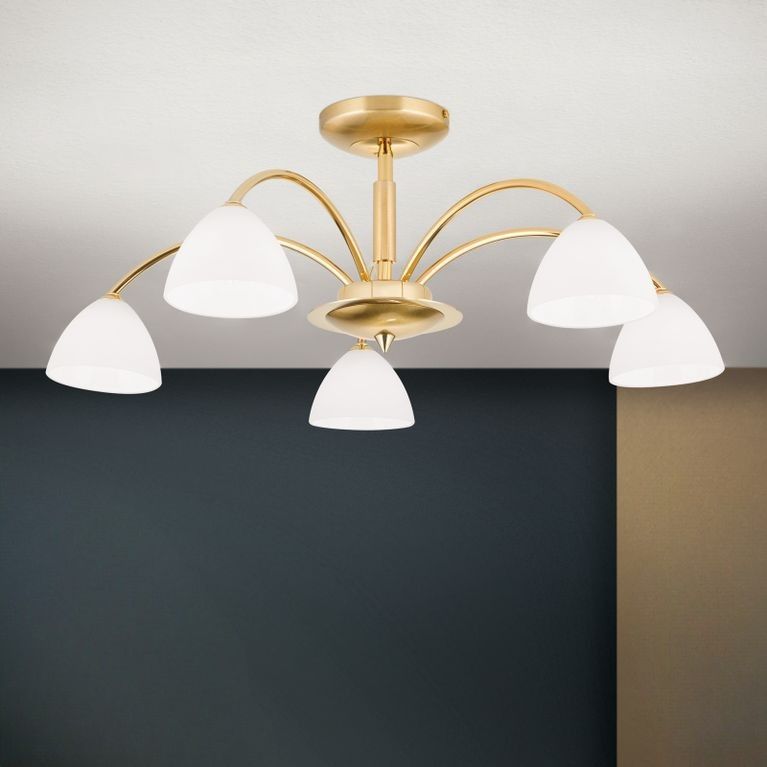 Stropní lustr OPALDESIGN, 5ti žárovkový, zlatý, s opálovým sklem