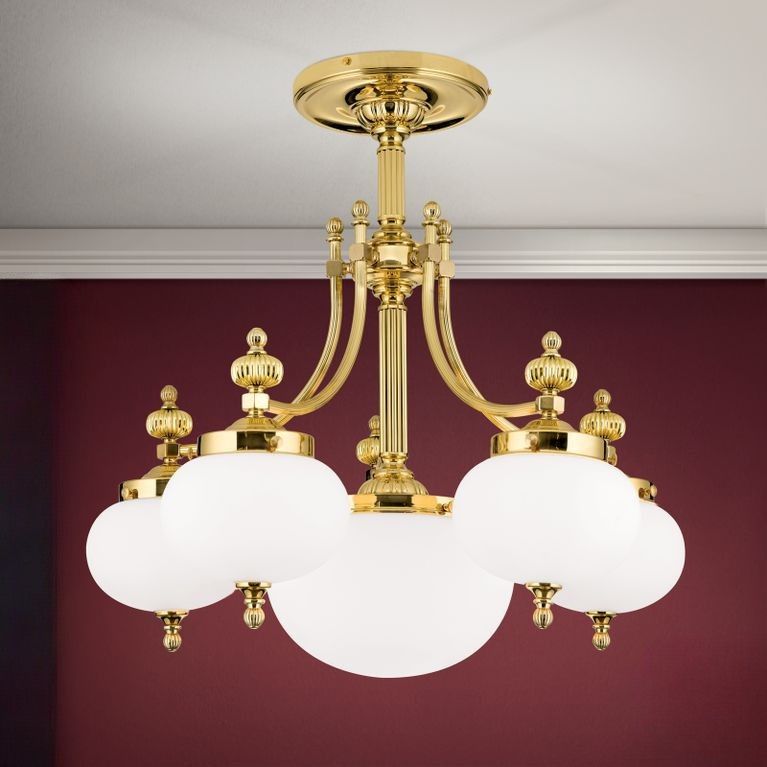 Ceiling chandelier WIENER NOSTALGIE, 5+1-flames, shiny brass, with opal matt glass
