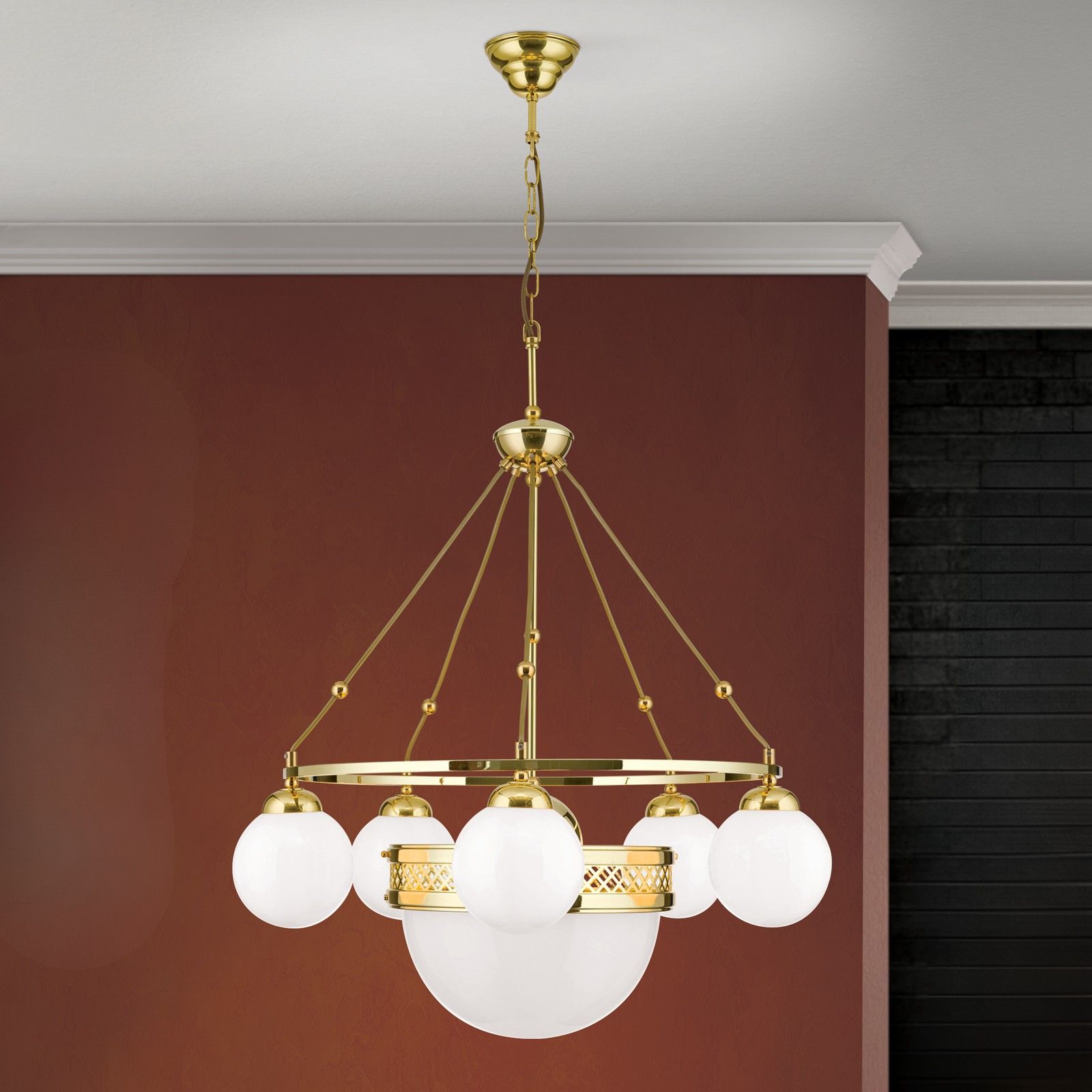 Pendant lamp ALT WIEN, 5+1-lamps, brass glossy, with opal glossy glass