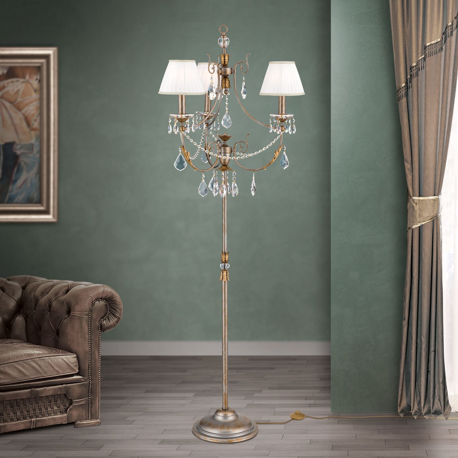 Stehlampe MIRAMARE, Silbergold, mit organza weißen Schirmen