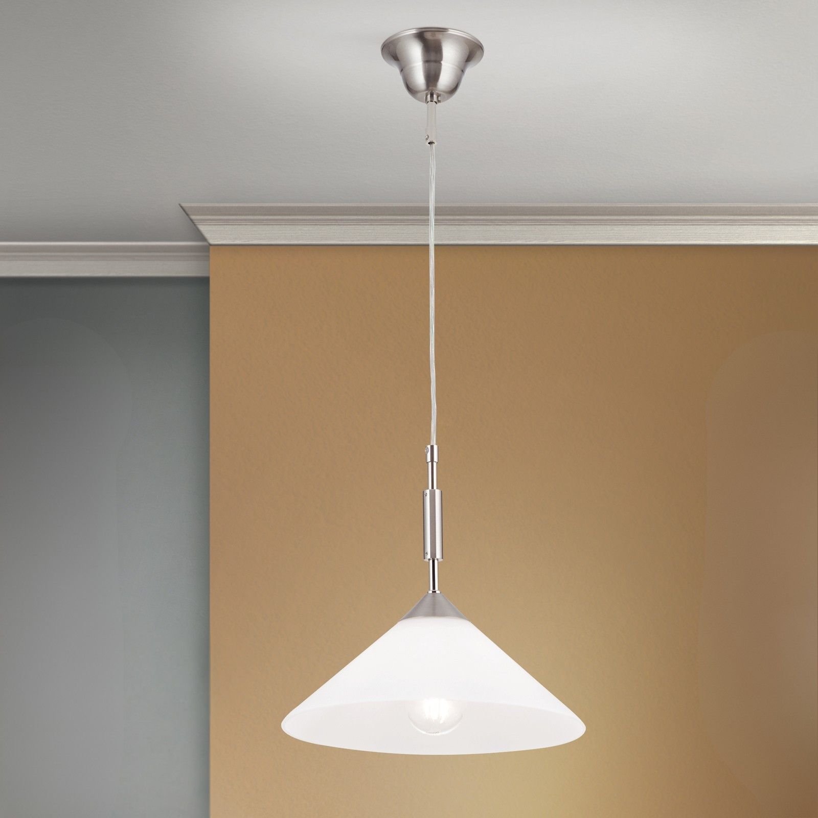 Artdesign single pendant lamp, satin chrome finish & opal glass shade, dia 30cm