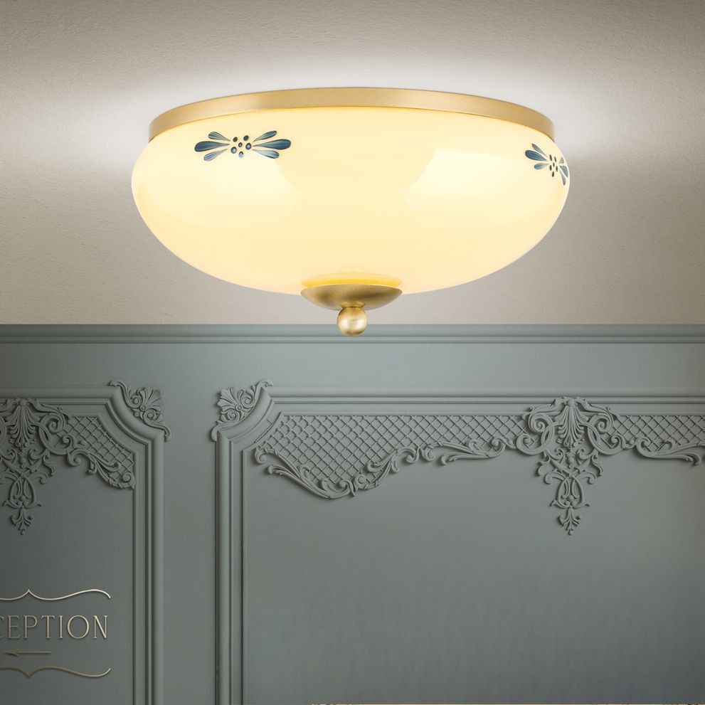 Deckenleuchte LANDHAUS, Messing, mit blauem Dekor, mit Knopf, Ø 28cm