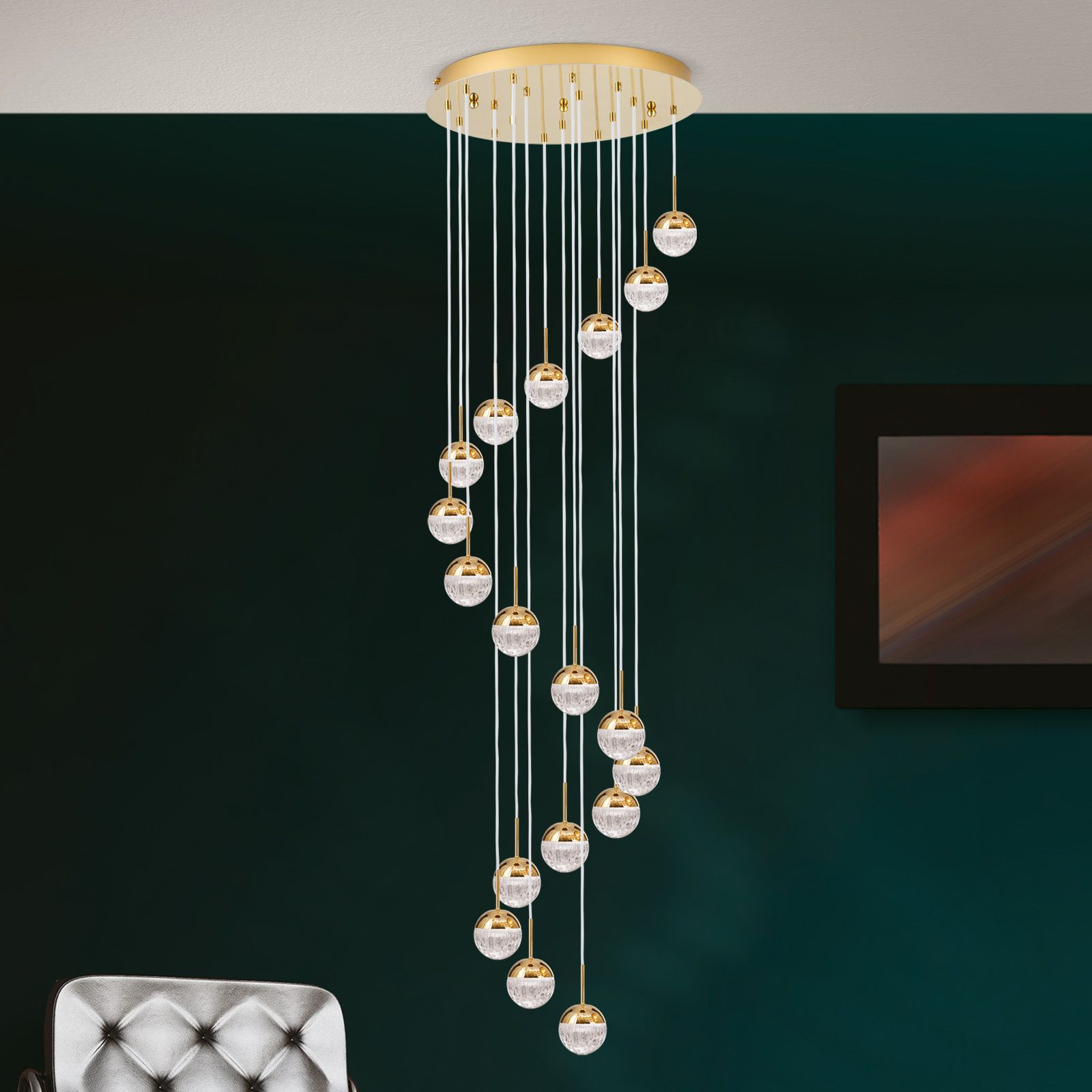 Spiral chandelier BALL, Ø 60cm, gold, with white textile cable and clear crystal glass in line cut.