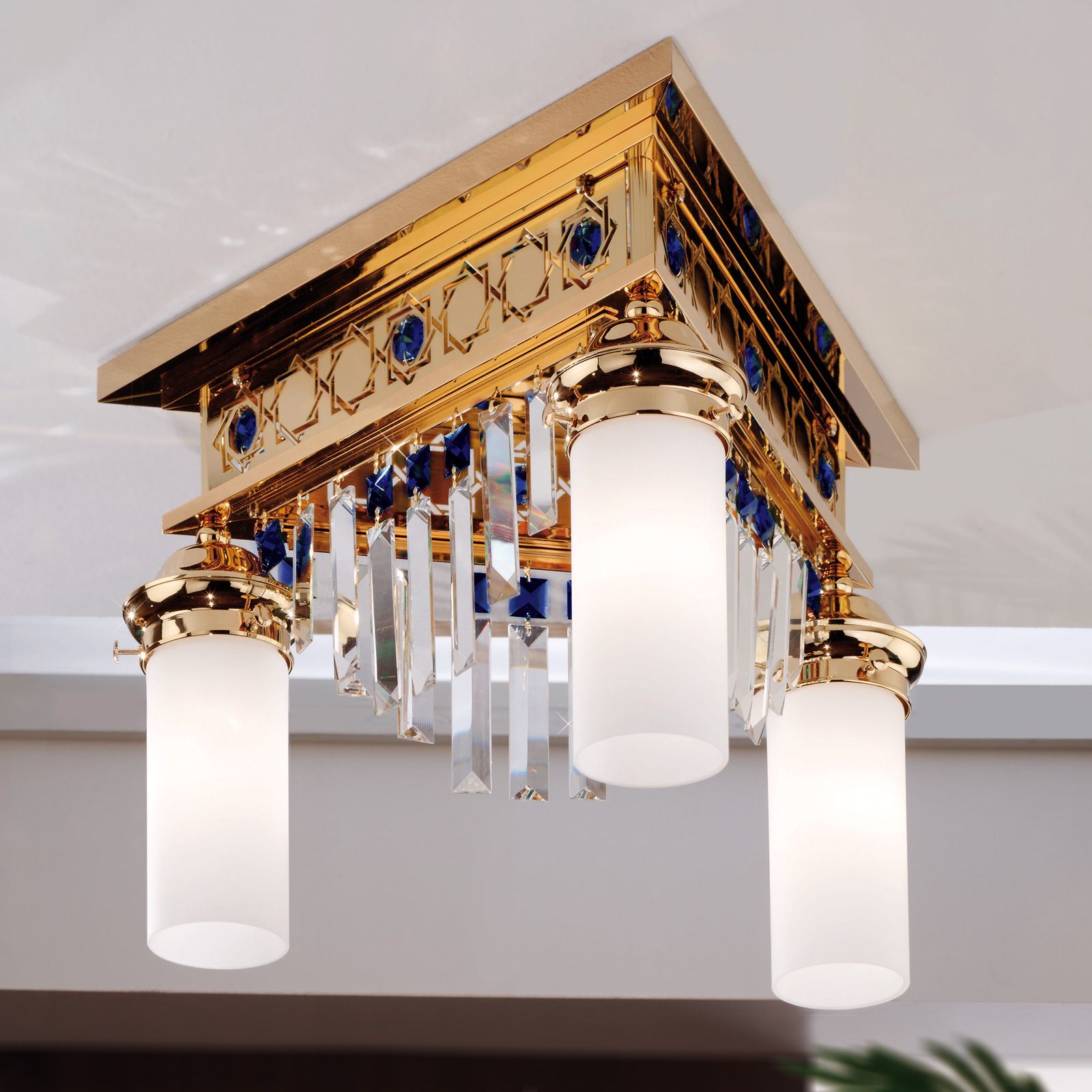 Ceiling chandelier ORIONtal, 3-flames, gold, with blue crystal prisms