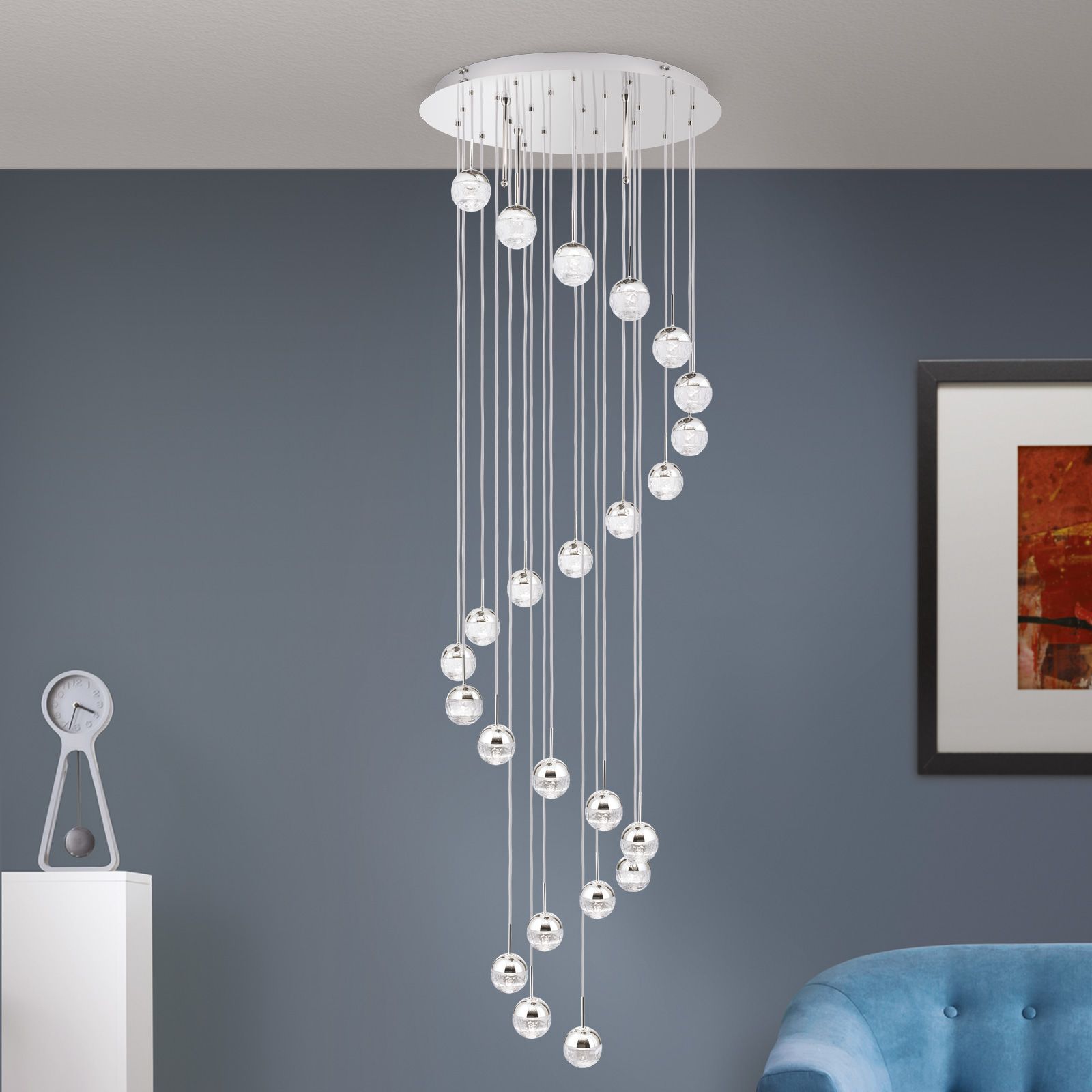 Spiral chandelier BALL, Ø 80cm, nickel, with silver textile cable and clear cut crystal glass.
