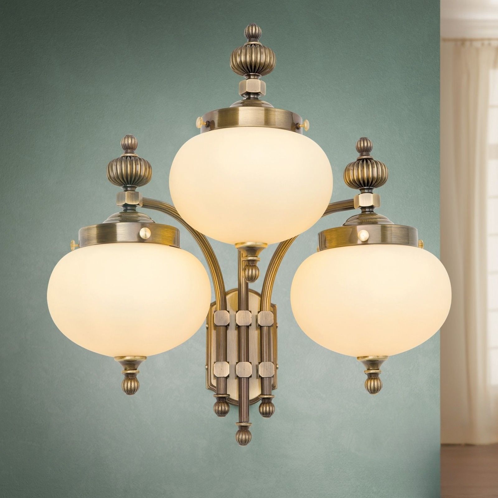 Wall light WIENER NOSTALGIE, 3 lamps downwards, antique brass finish, champagne coloured glasses