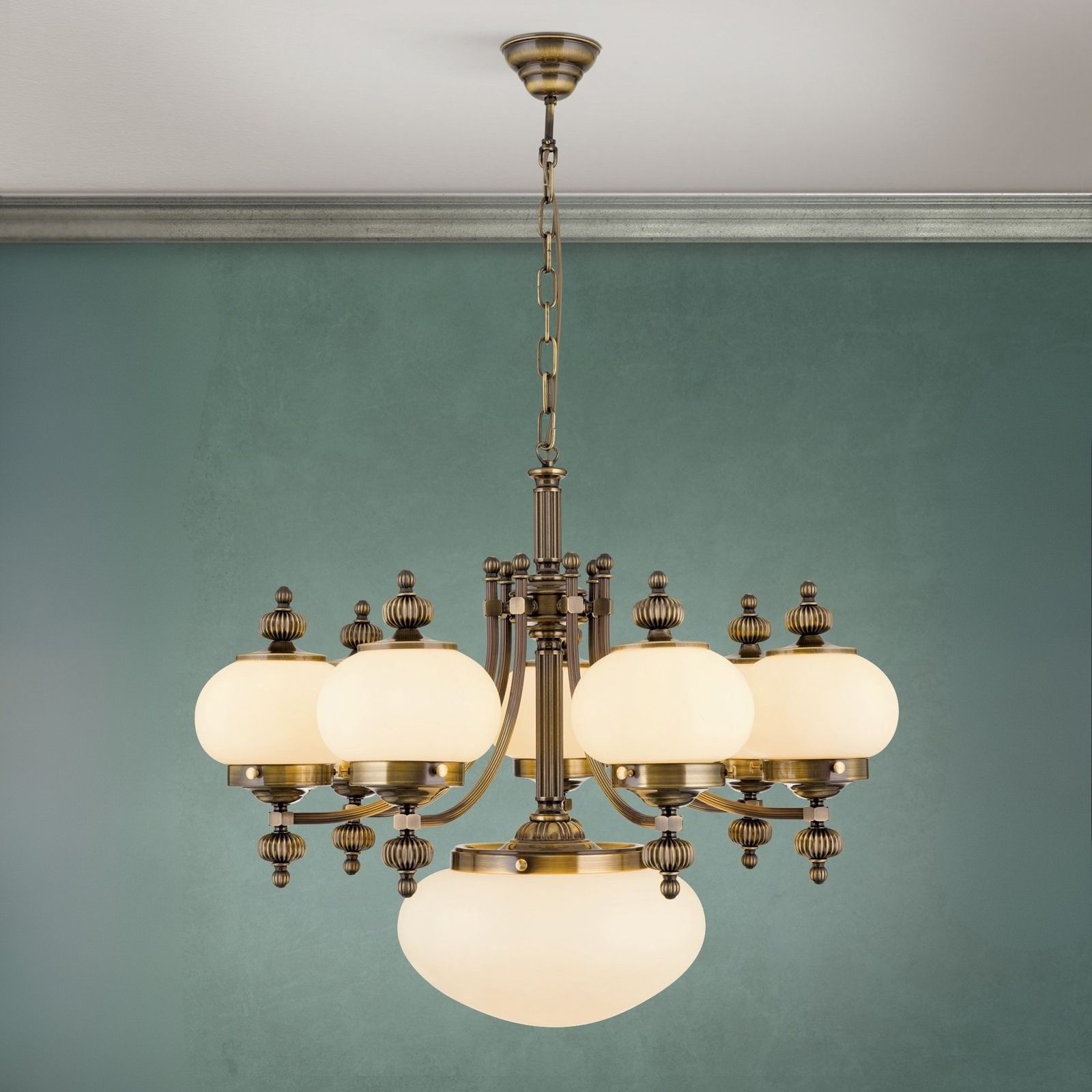 Chandelier WIENER NOSTALGIE, 7+1 lamps, antique brass finish, upwards, champagne coloured glasses
