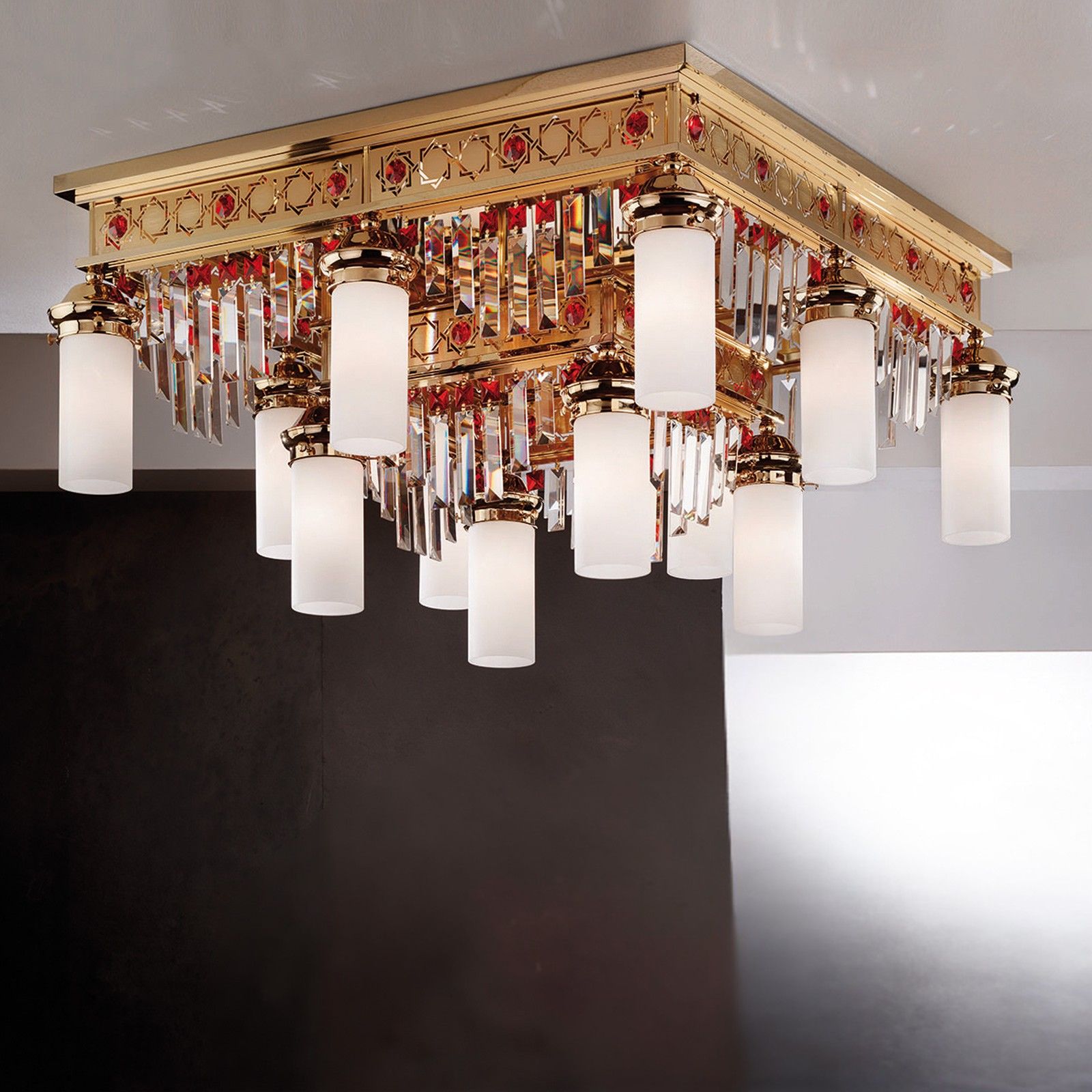 Ceiling chandelier ORIONtal, 10-flames, gold, with green crystal prisms