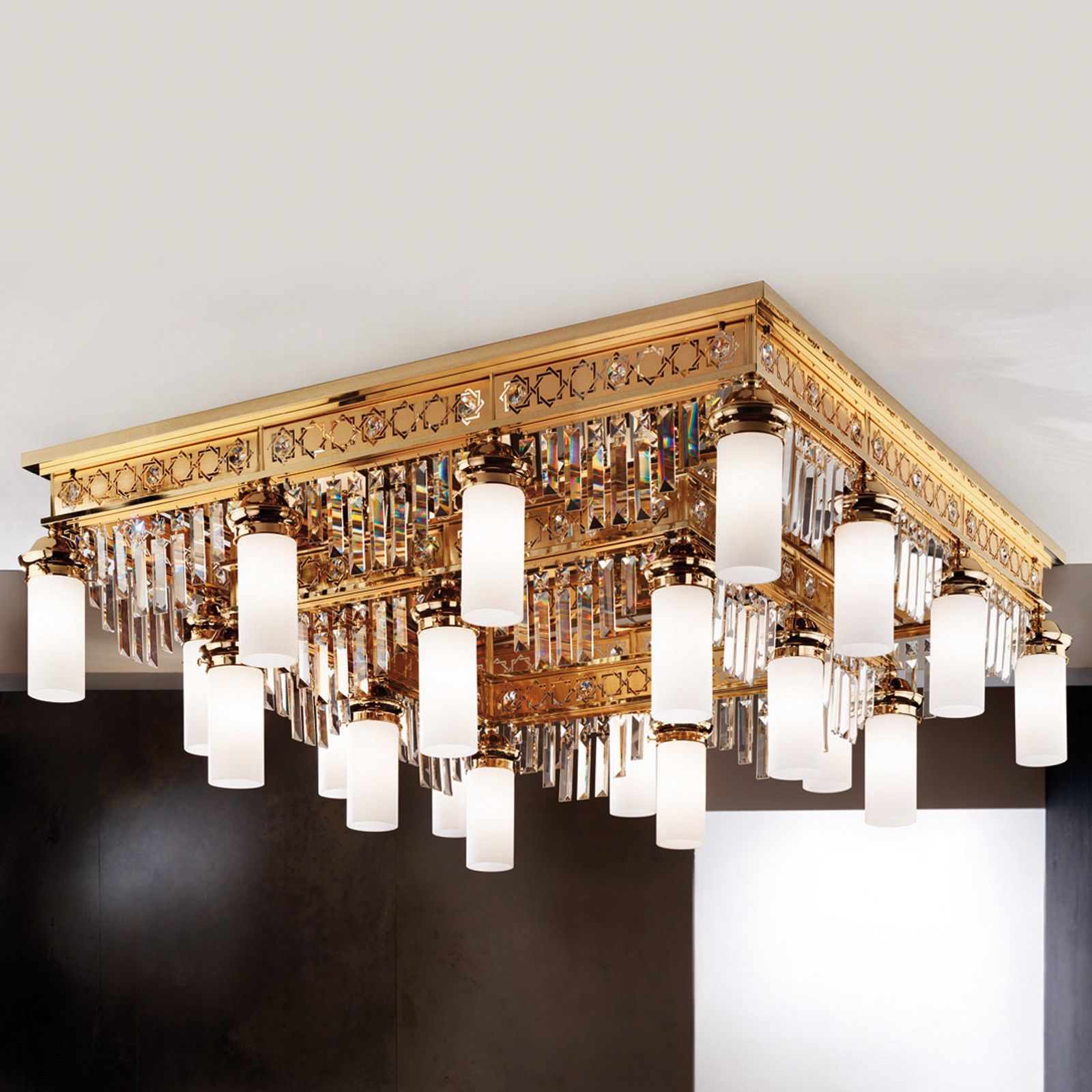 Ceiling chandelier ORIONtal, 20-flames, gold, with clear crystal prisms