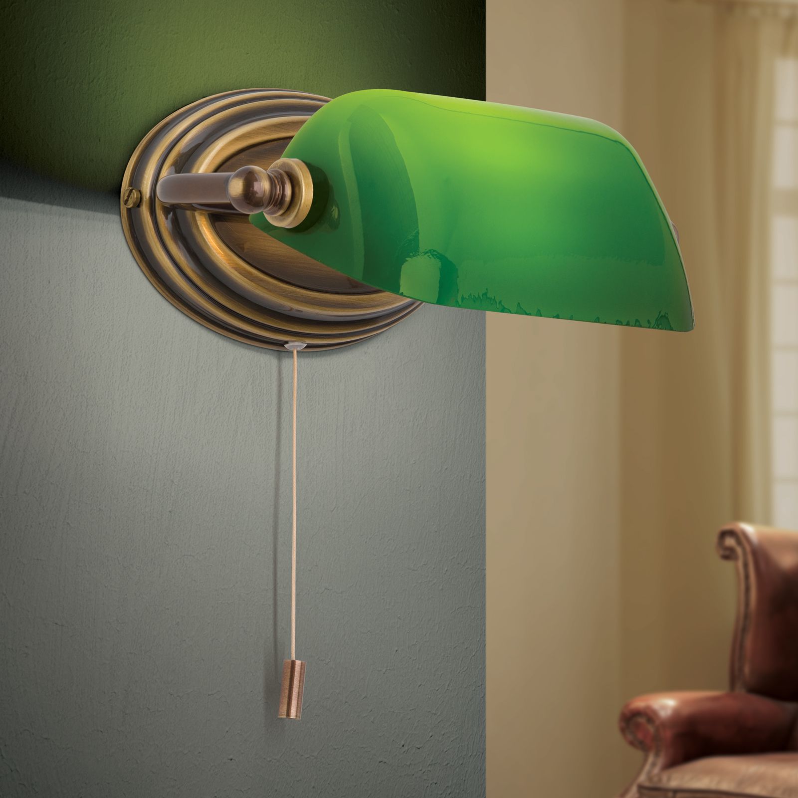Wandleuchte HARVARD, Patina mit grünem Glasschirm