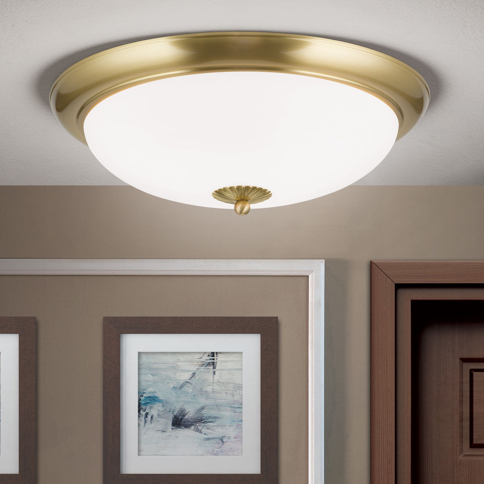 Deckenleuchte WIENER NOSTALGIE, Messing- matt, mit opal mattem Glas, mit Knopf, 47cm