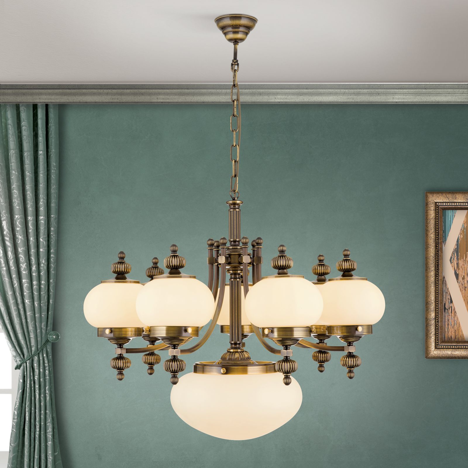 Luster WIENER NOSTALGIE, 7+1-flammig, Patina, mit champagne matten Gläsern, aufwärts