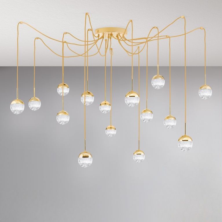 Cluster light BALL, 15-flames, gold, with clear line-cut crystal glass