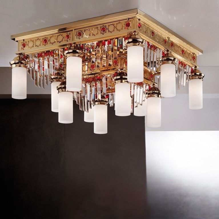 Deckenluster ORIONtal, 8+4-flammig, Gold, mit roten Kristallprismen