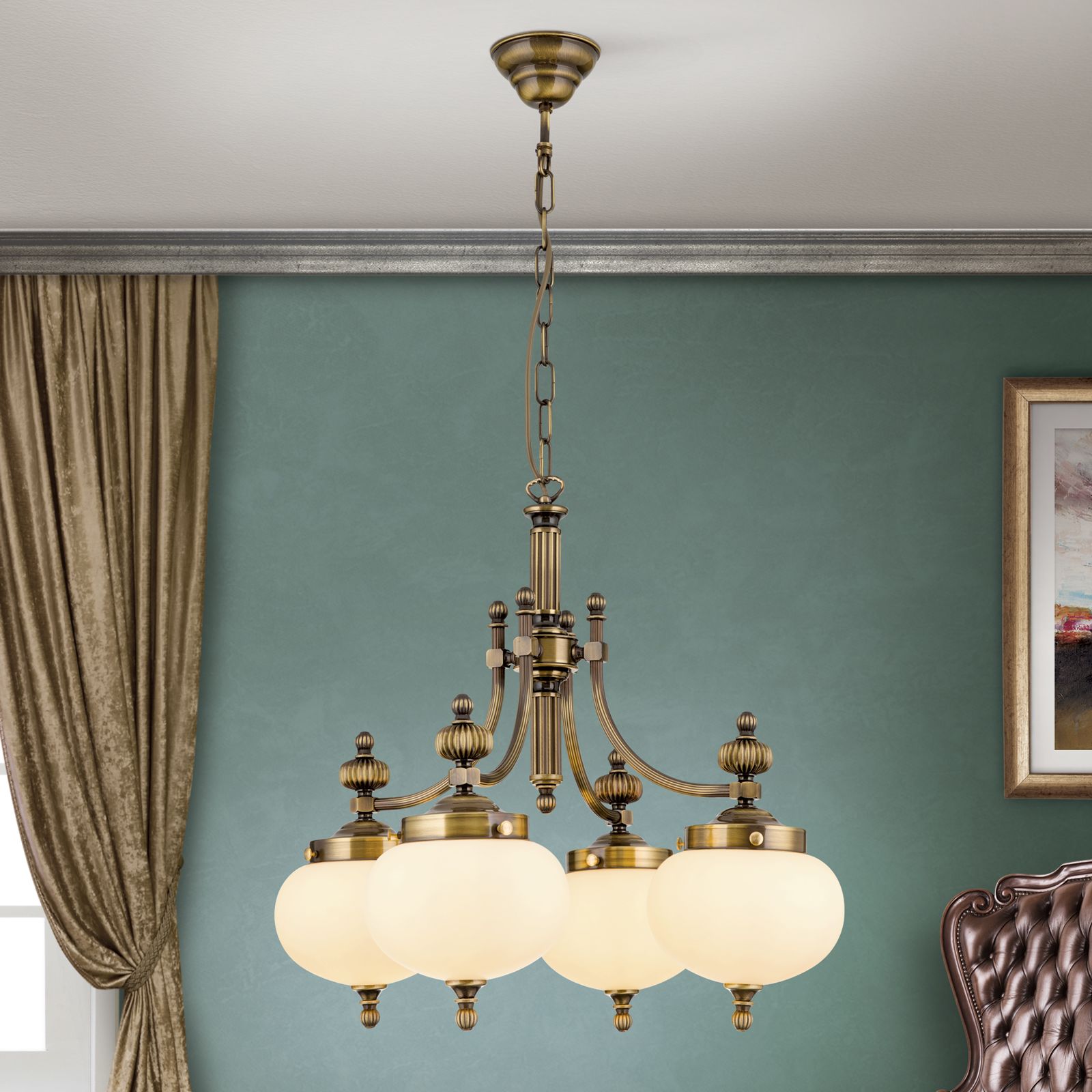 Chandelier WIENER NOSTALGIE, 4 lamps, antique brass finish, downwards, champagne coloured glasses