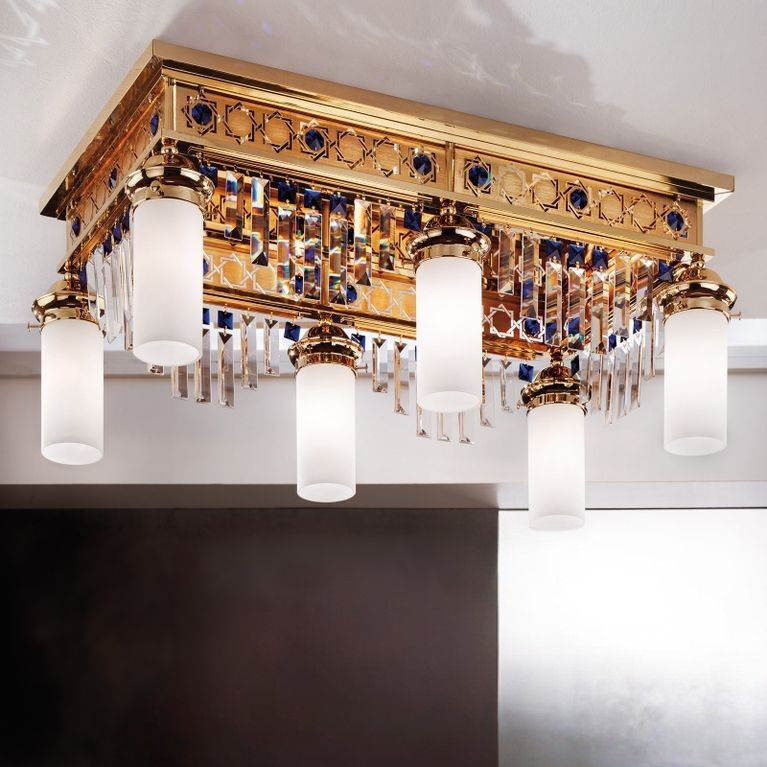 Deckenluster ORIONtal, 6-flammig, Gold, mit blauen Kristallprismen