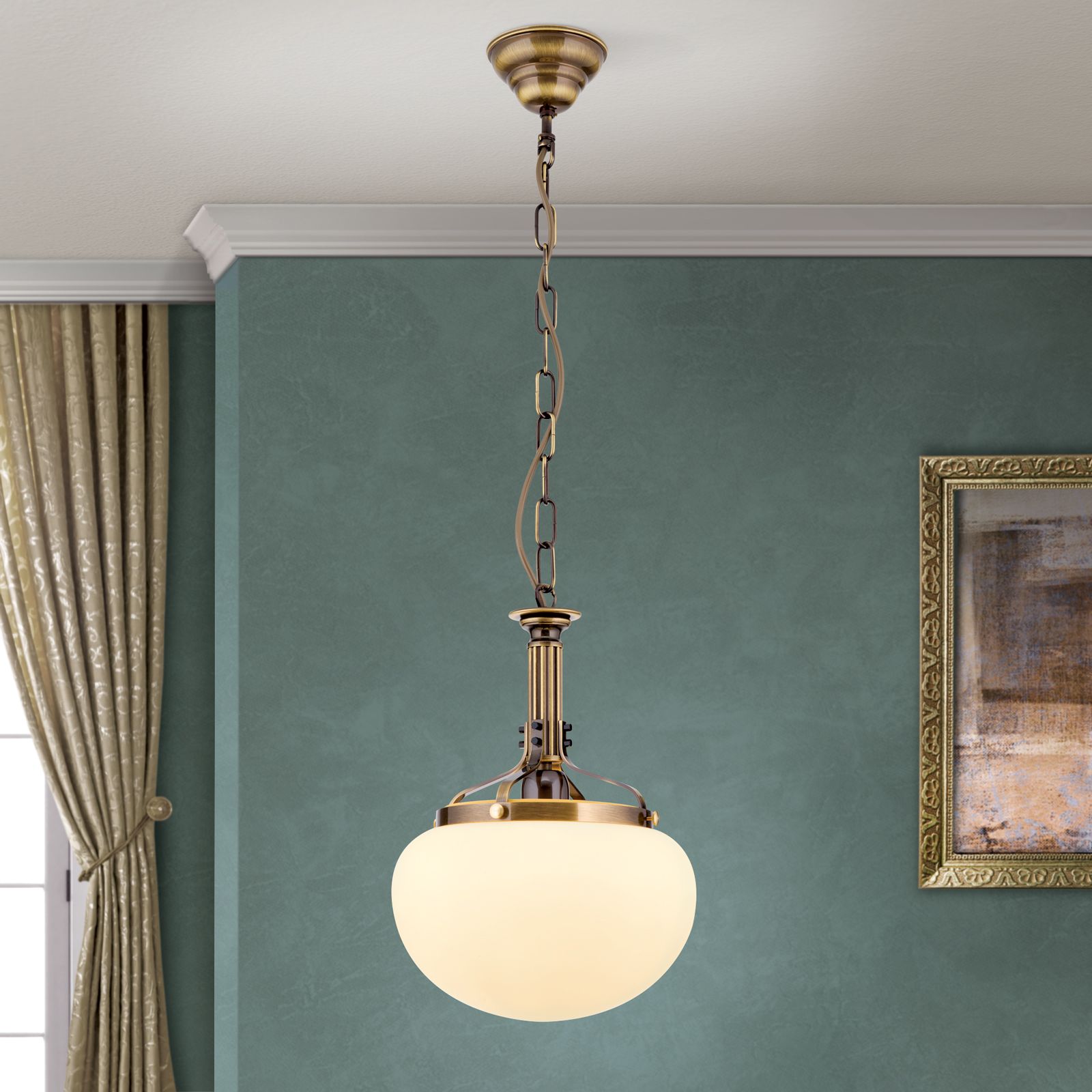 Pendant light WIENER NOSTALGIE, 27cm, antique brass finish, champagne coloured glass