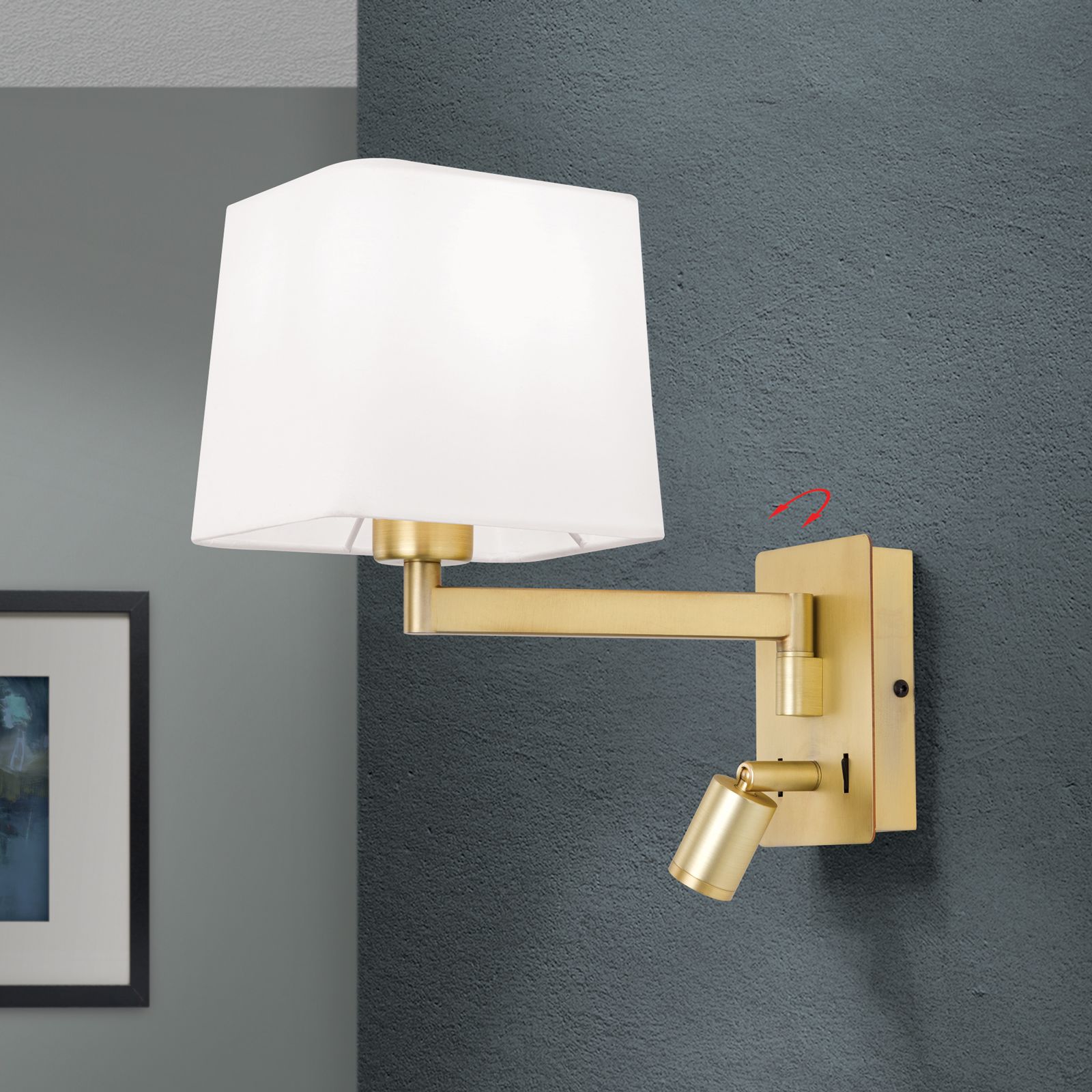 Wall light CARLTON, brass matt with white fabric shade