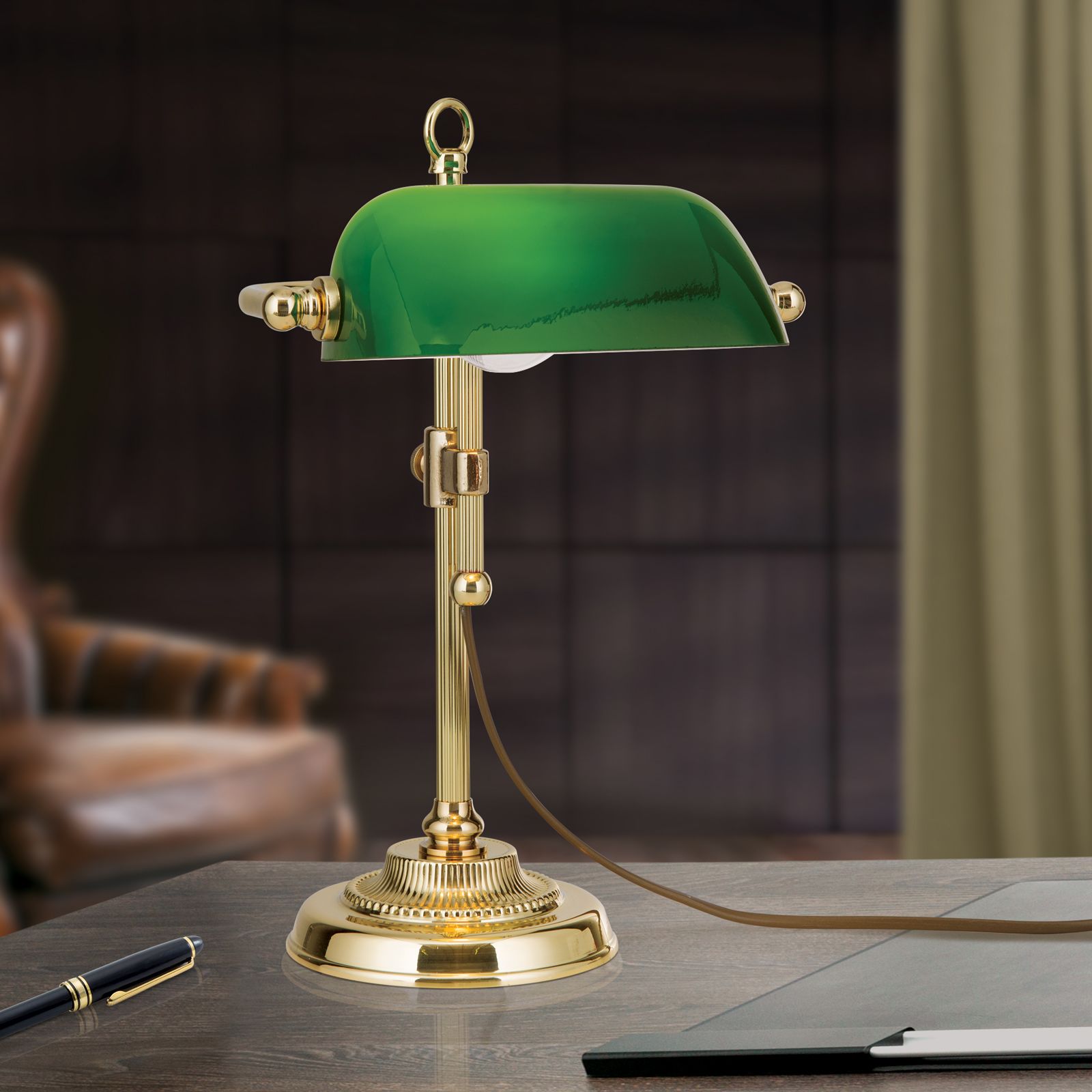 Bench lamp HARVARD, brass with green glass shade, 32cm, Shiny Brass
