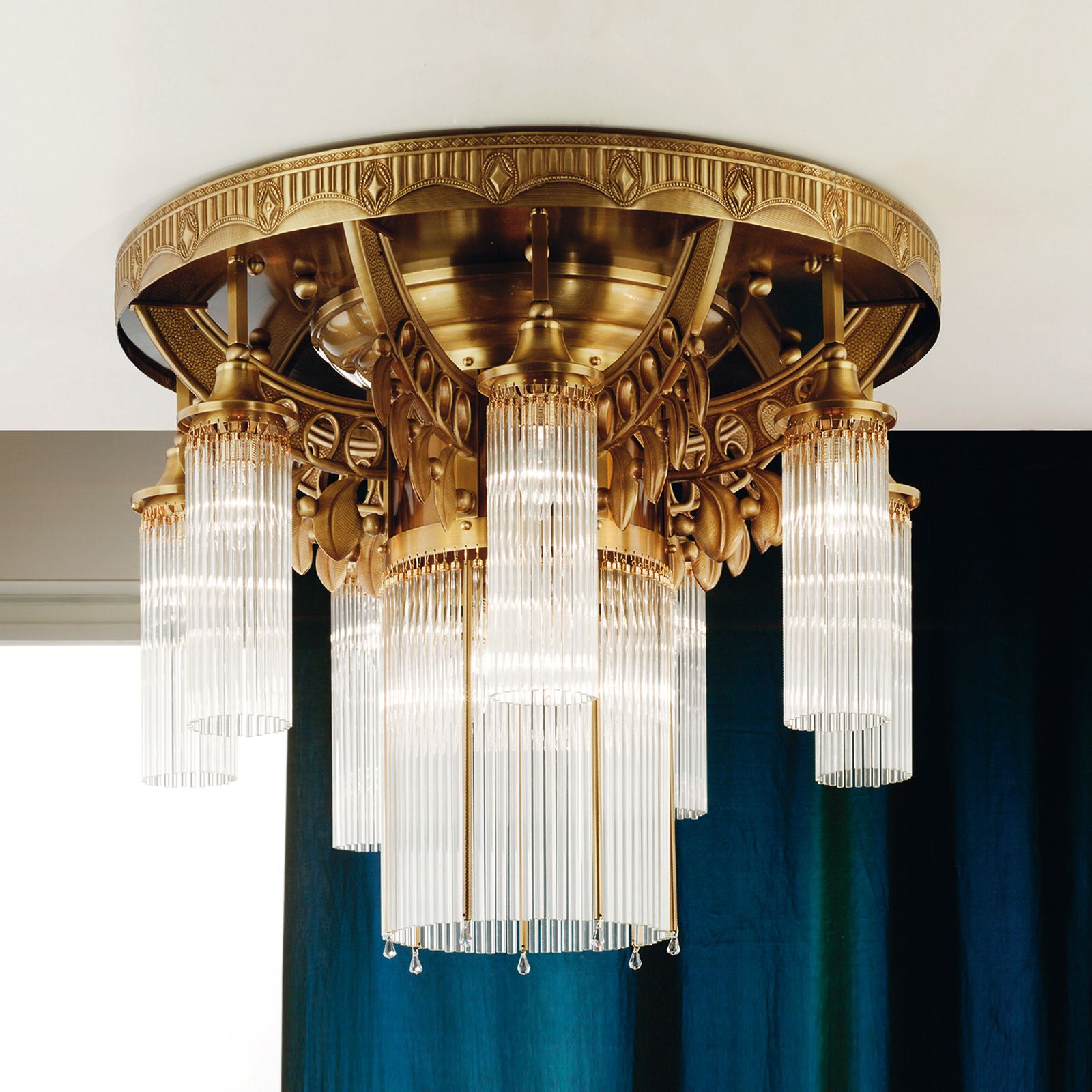 Ceiling chandelier ADELE, 8-flames, antique brass, with glass rods