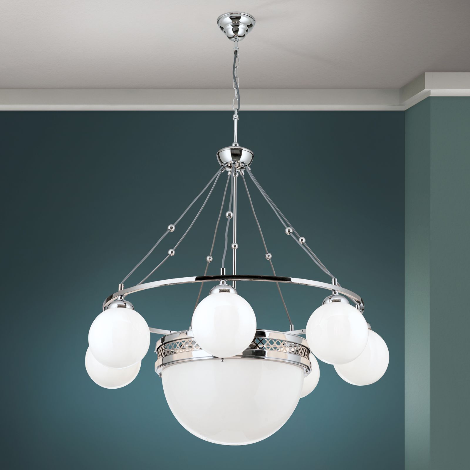 Chandelier ALT WIEN, 7+1 shiny opal glasses, Surface Shiny nickel