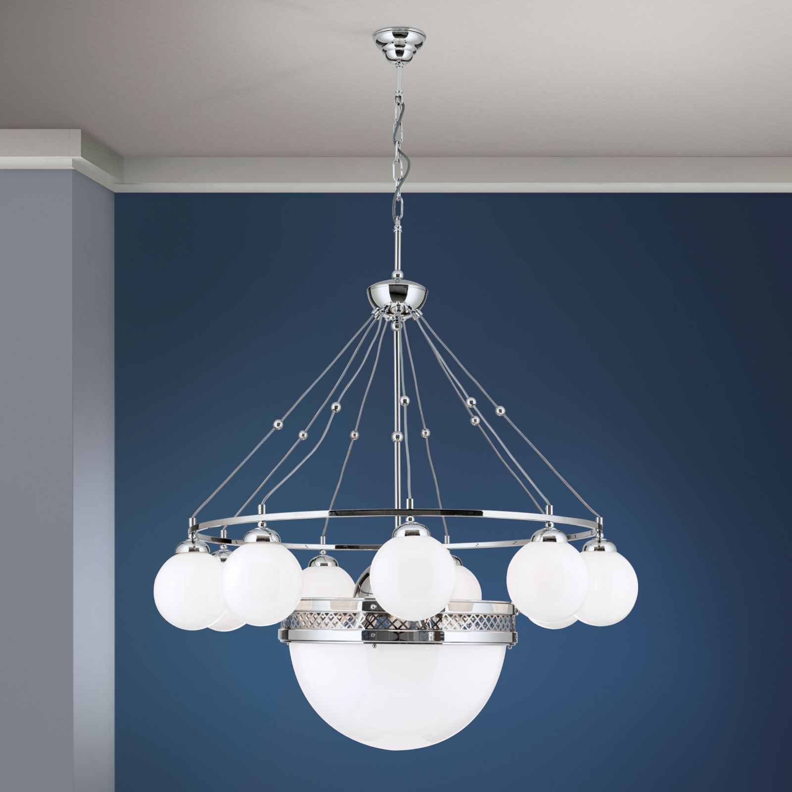Chandelier ALT WIEN, 9+1 shiny opal glasses, Surface Shiny nickel