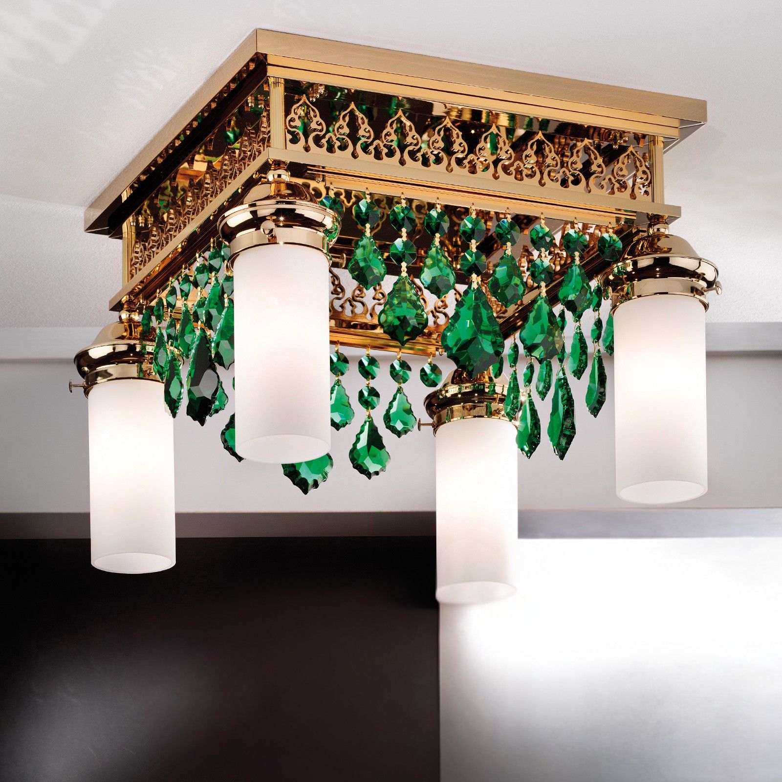 Ceiling chandelier ORIONtal, 4-flames, gold, with green crystal pendants