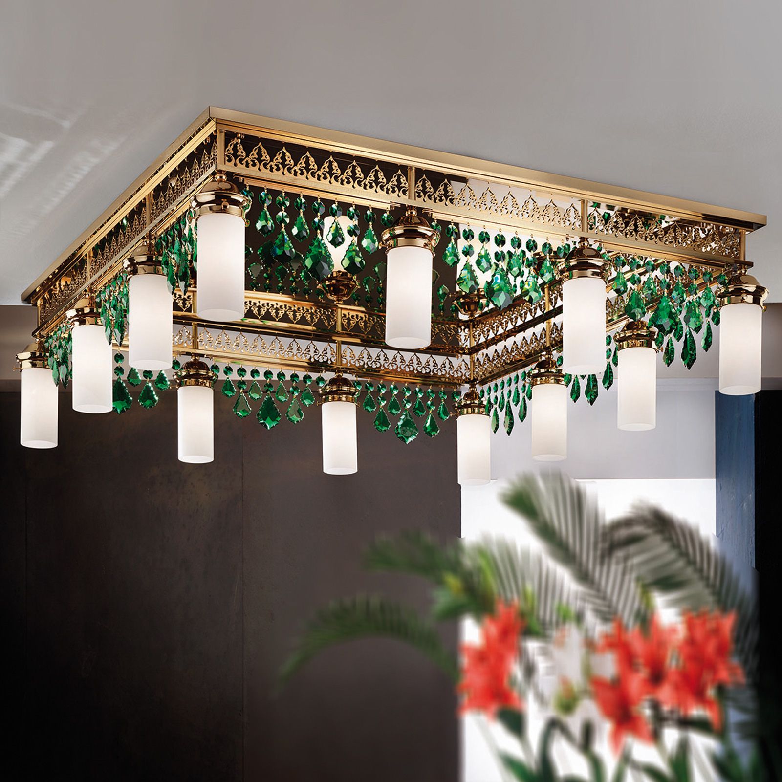 Ceiling chandelier ORIONtal, 12-flames, gold, with green crystal pendants