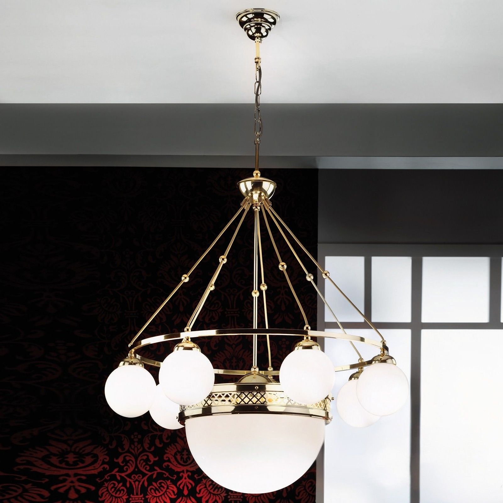 Pendant lamp ALT WIEN, 7+1-flames, brass glossy, with opal glossy glass