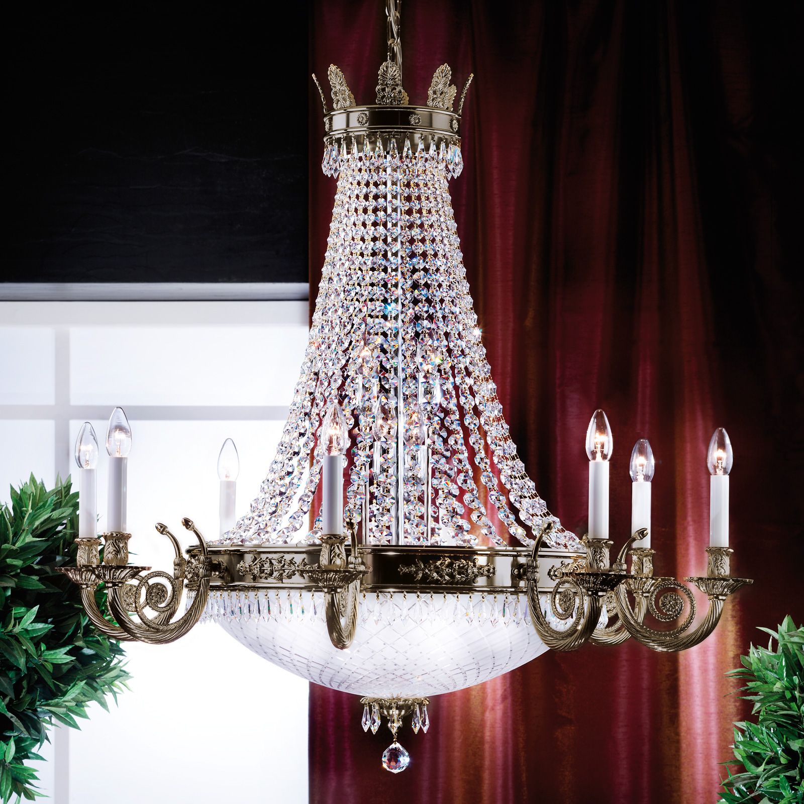 Chandelier EMPIRE CRYSTAL with satin diffused cut glass, 20 lamps, antique brass finish