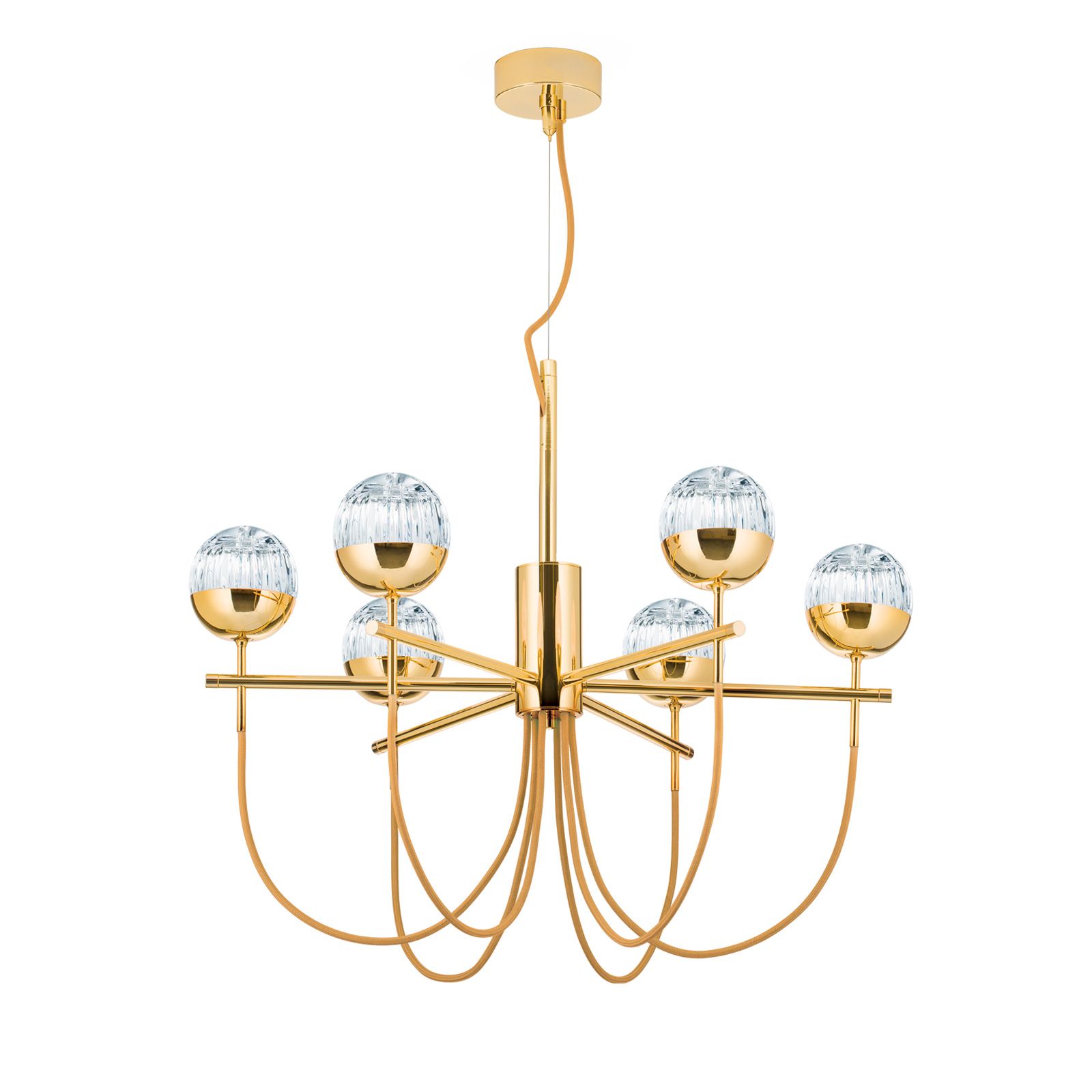 Chandelier BALL, 6-flames, gold, with golden textile cable and clear crystal glass in line cut
