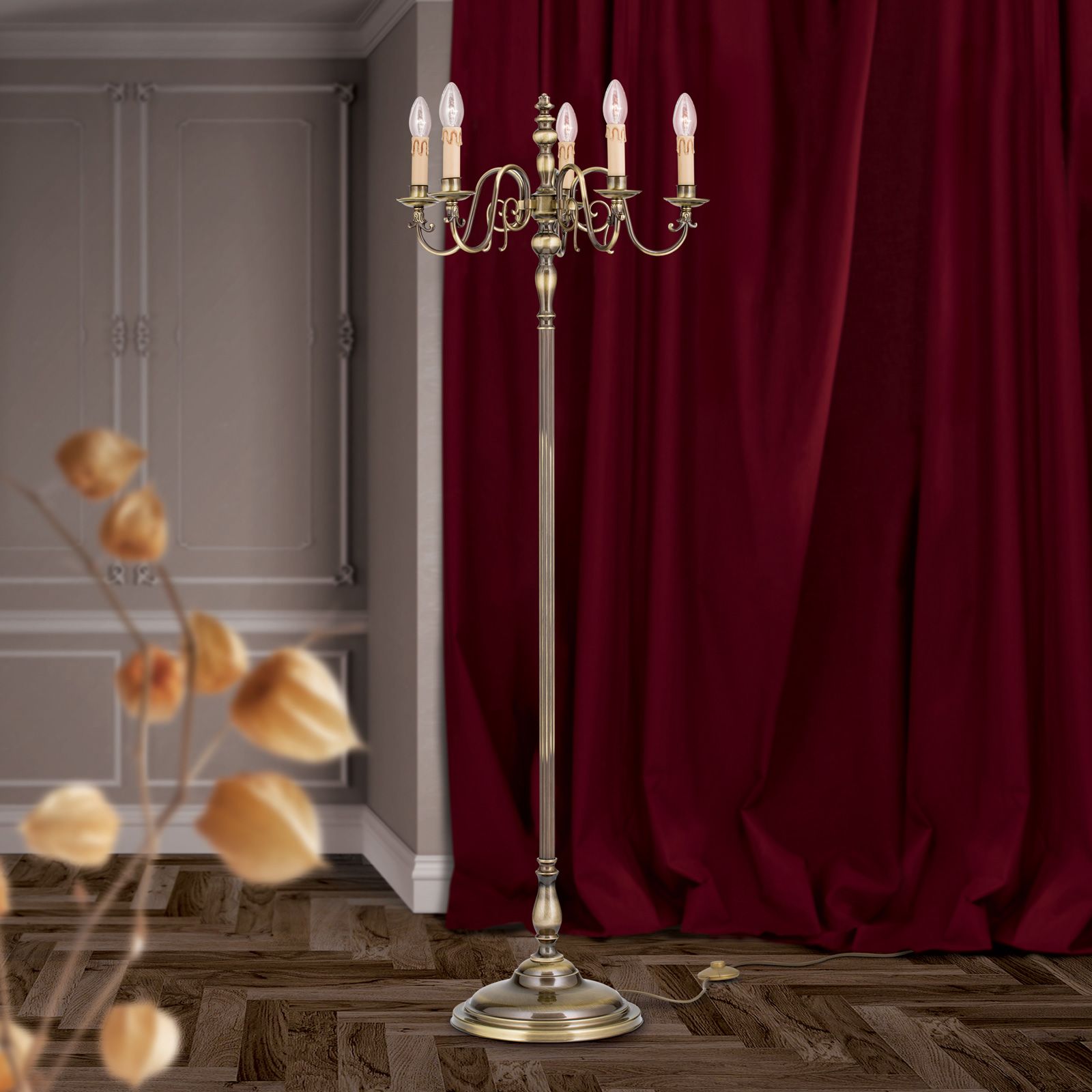 Floor lamp FLÄMISCH, 5-flames, patina