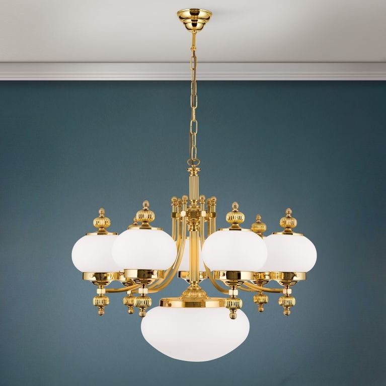 Chandelier WIENER NOSTALGIE, 7+1-flamps, shiny brass, with opal matt glass, upwards
