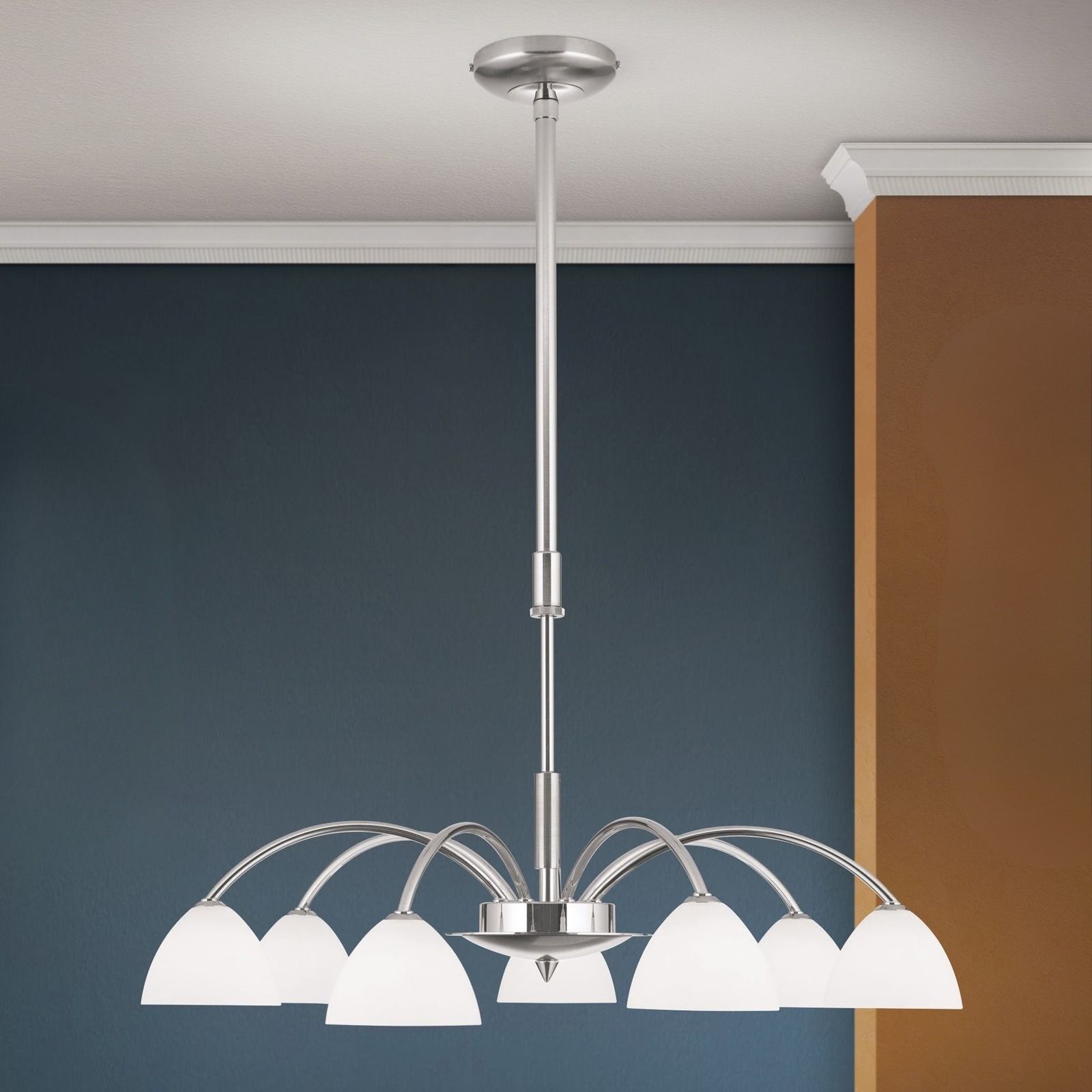 Chandelier OPALDESIGN, 7 lamps, satin chrome with opal glasses