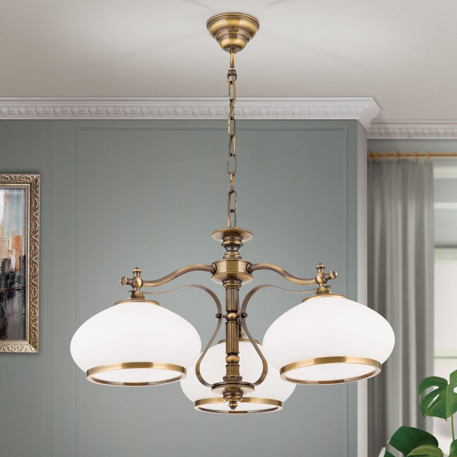 Chandelier EMPIRE, Antique Brass finish, with 3 opal glasses