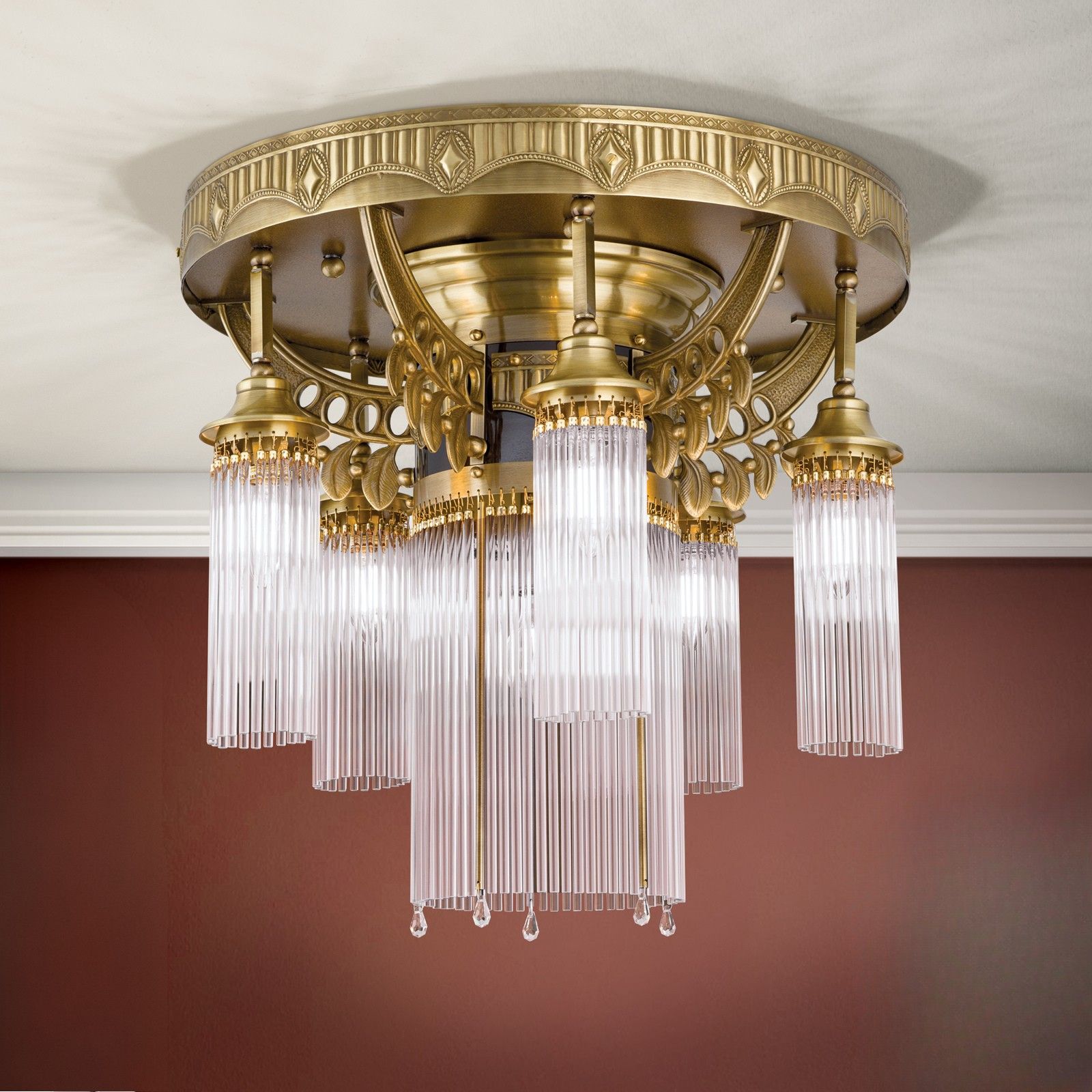 Ceiling chandelier ADELE, 6-flames, antique brass, with glass rods