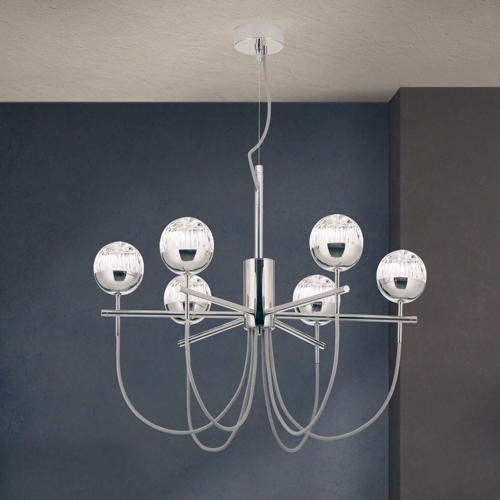 BALL chandelier, 6 lamps, nickel plated with clear crystal glasses with handmade line cut