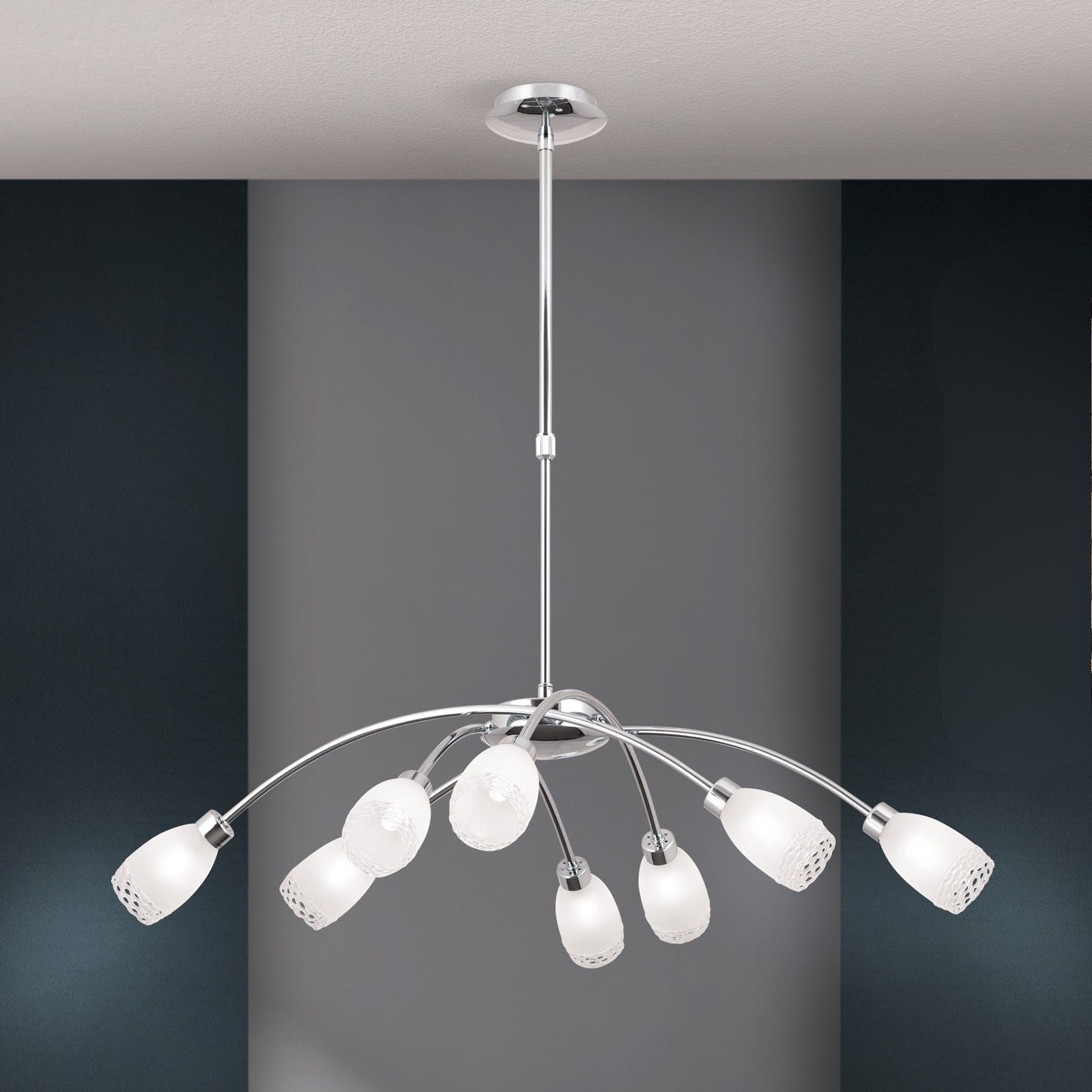CARLA chandelier, chrome finish with satin diffused glasses