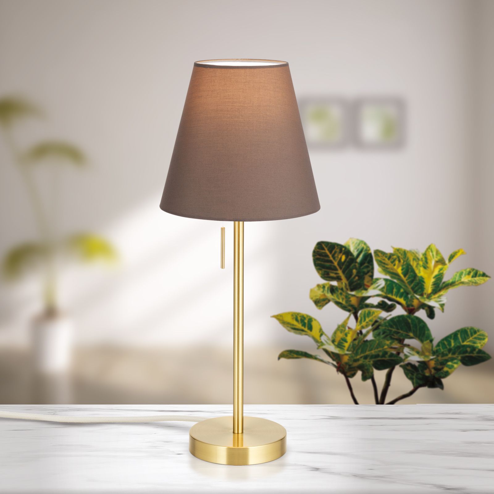 Table lamp SHADE, small, brass matt, with conical, brown shade, Brushed  Brass