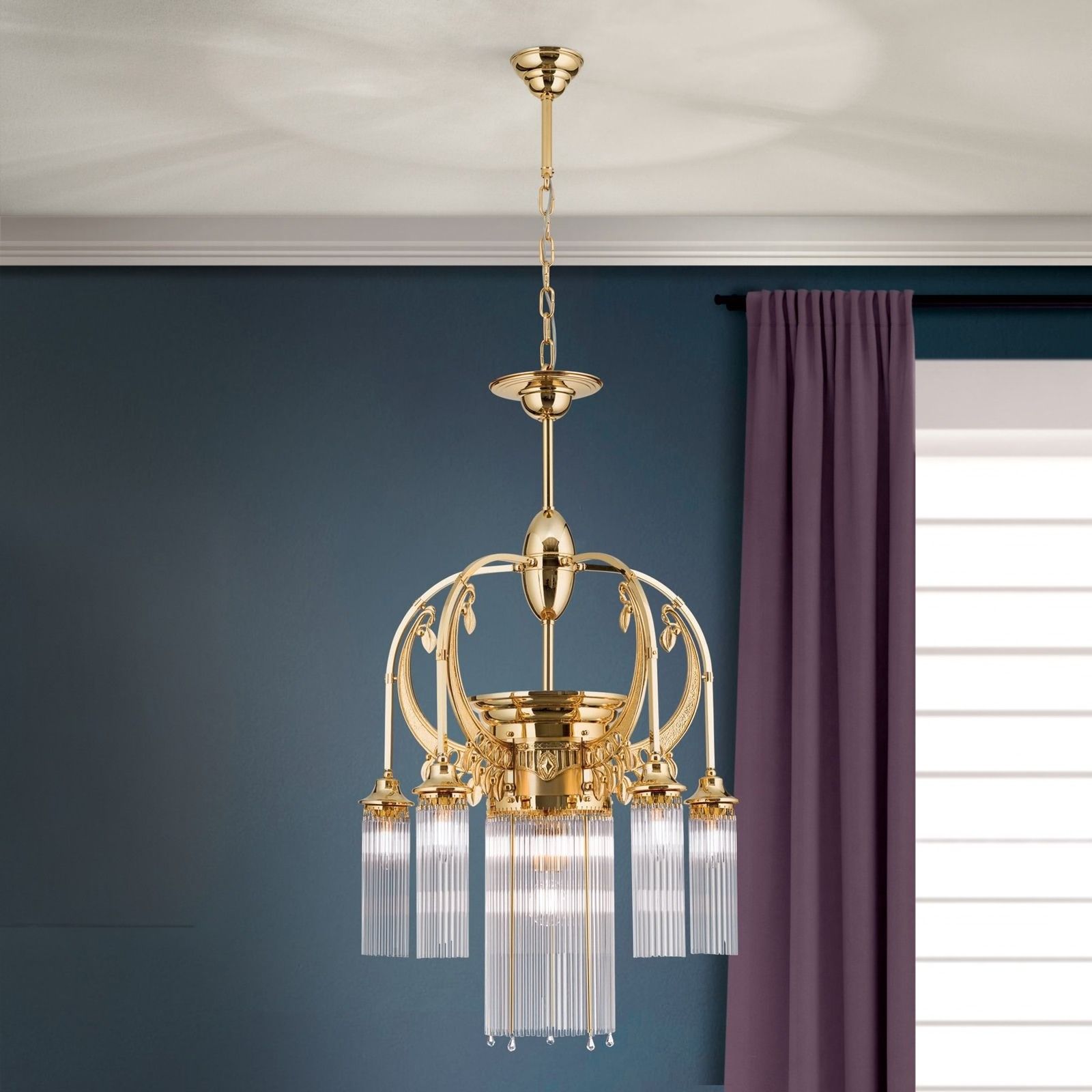 Adele Chandelier, 6 lamps, 24K gold plated, with crystal glass sticks