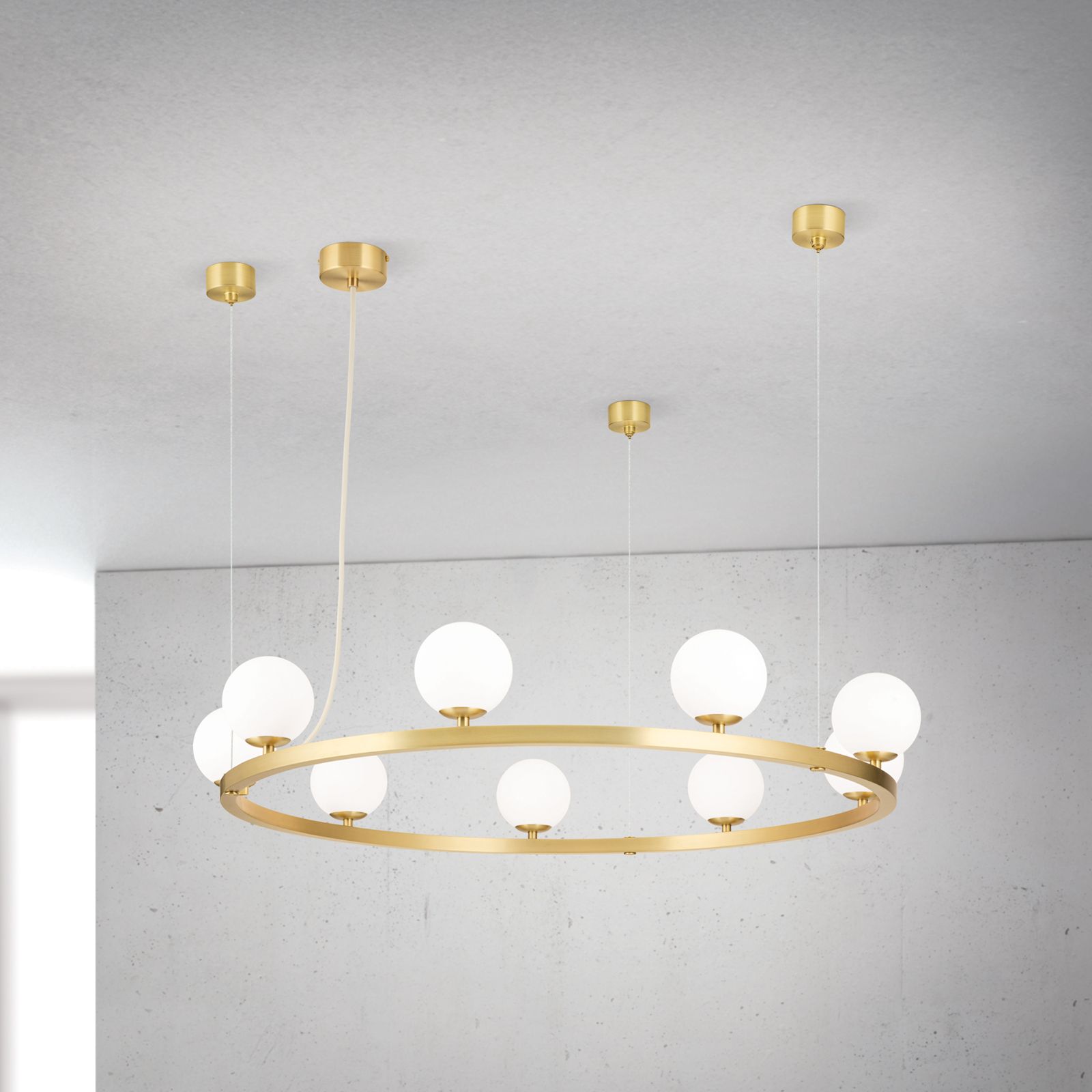 Pendant light TUMBLER, Ø 90cm, upwards-facing opal matt glass, brass matt