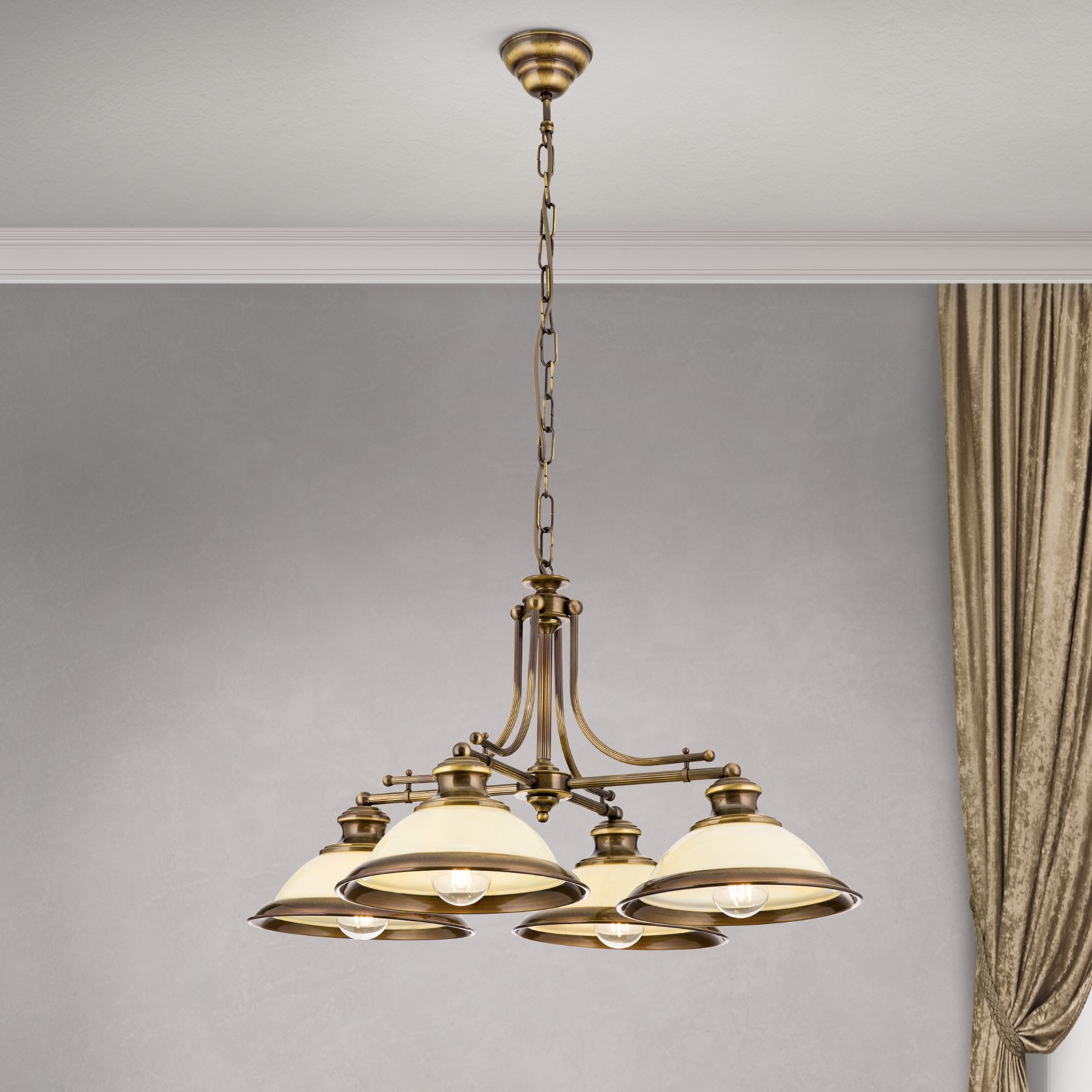 Chandelier AUSTRIAN OLD LAMP, Antique Brass finish, 4 champagne glass shades