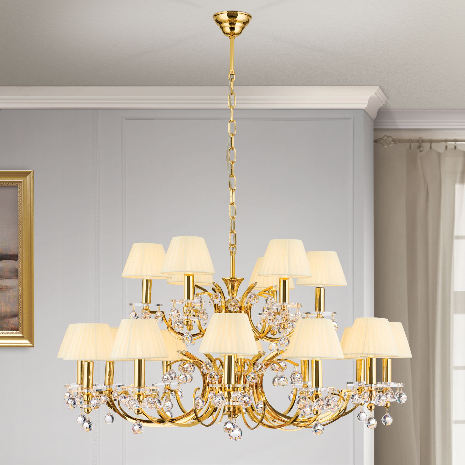 Luster KRISTALLDESIGN, 18-flammig, Gold mit champagnerfarbigen Schirm