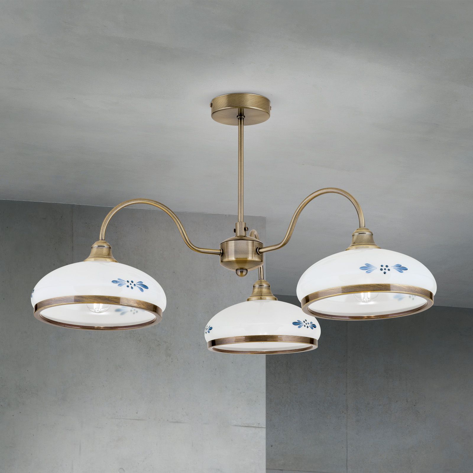 Chandelier GABI, 3-flames, patina, with opal blue glass