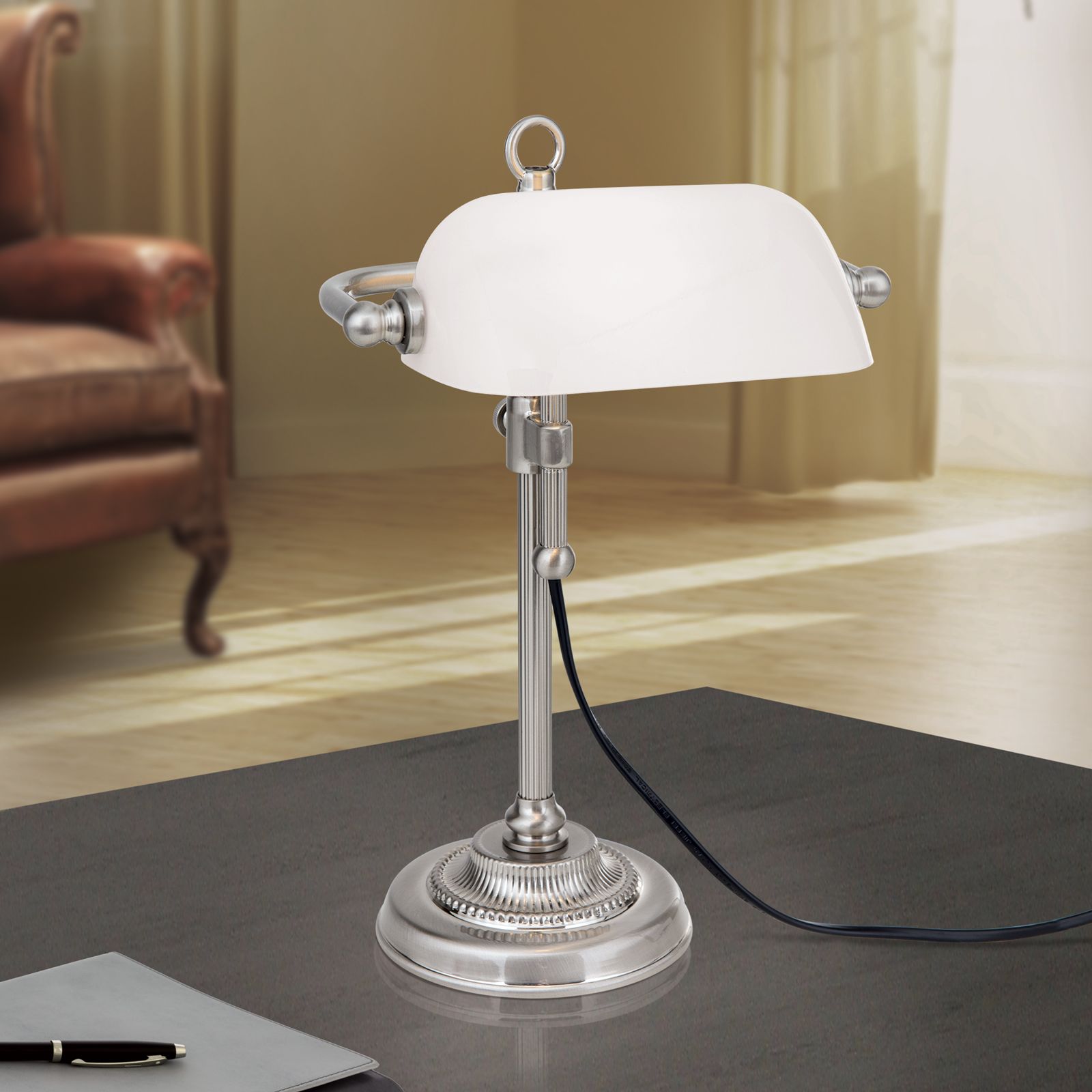 Bankerslamp HARVARD, Satin mit opalweißem Glasschirm, 32cm